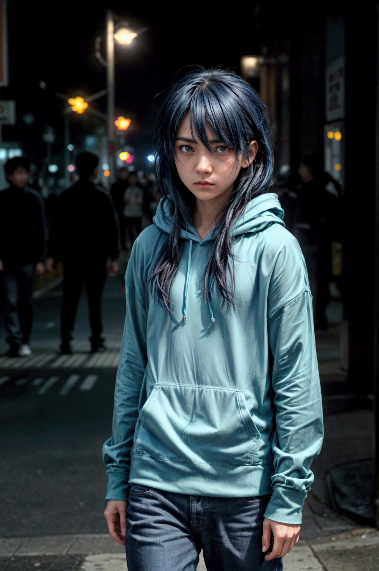 Aqua Hoshino from "oshi no ko"
Indication : (hyperrealistic) A teenager with medium-length dark blue hair and striking cyan eyes, filled with a deep sense of purpose and sadness. Wear a casual and modern outfit, like a simple black hoodie and jeans, standing in a bustling city at night. His expression is serious, while looking to the side, lost in his thoughts. bottom: a neon-lit city street, with blurry figures passing by, which represents the overwhelming pressures of fame.