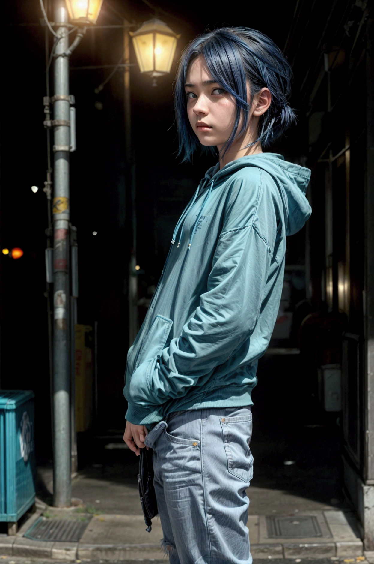 Aqua Hoshino from "oshi no ko"
Indication : (hyperrealistic) A teenager with medium-length dark blue hair and striking cyan eyes, filled with a deep sense of purpose and sadness. Wear a casual and modern outfit, like a simple black hoodie and jeans, standing in a bustling city at night. His expression is serious, while looking to the side, lost in his thoughts. bottom: a neon-lit city street, with blurry figures passing by, which represents the overwhelming pressures of fame.