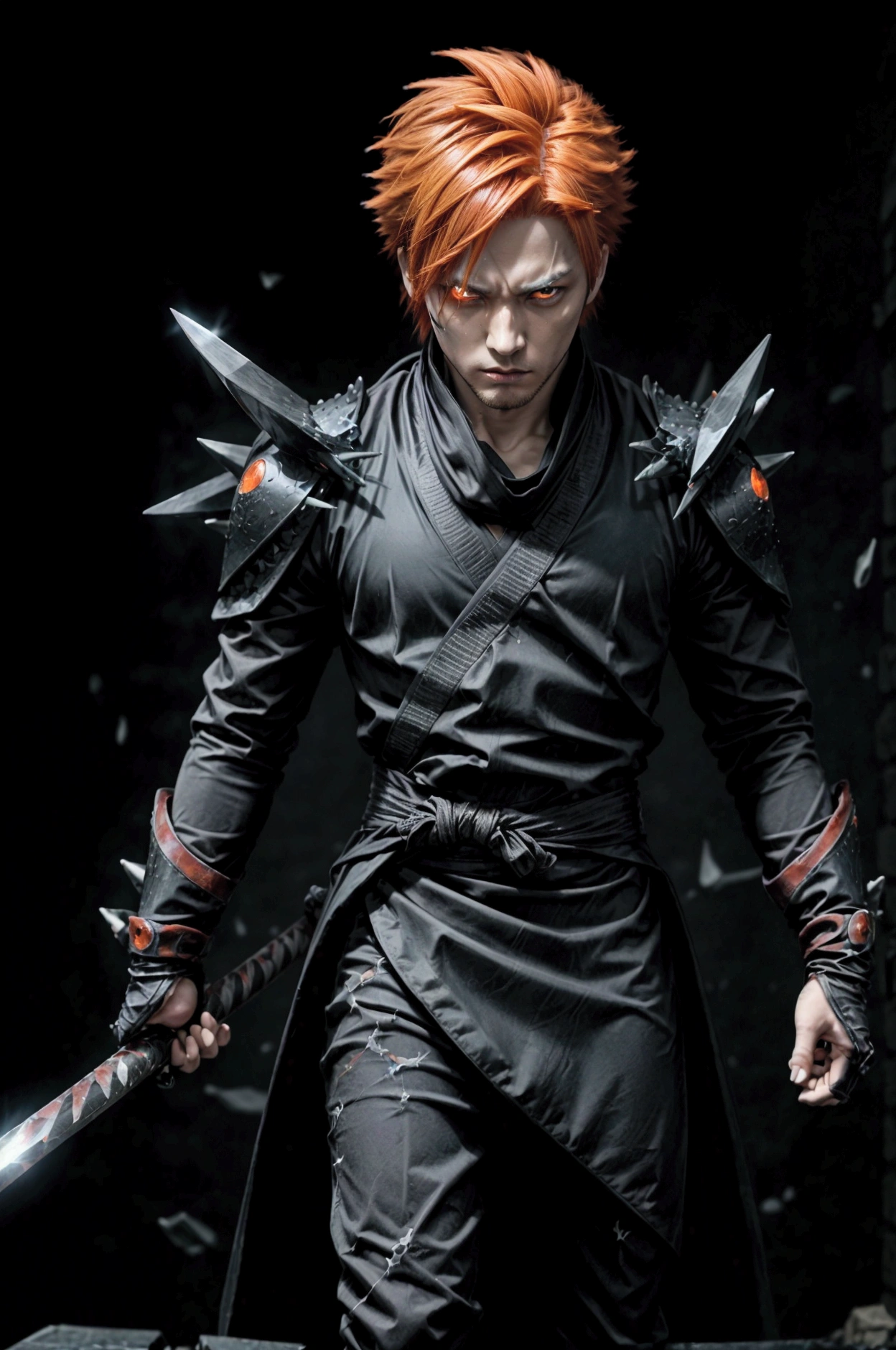 bank: Tensa Zangetsu Indication : (hyperrealistic) Ichigo stands confident in his Bankai form, wearing a sleek, all-black version of his Shinigami robes, with a long, loose red and black scarf. Su Zanpakuto, Tensa Zangetsu, It is a thinner black katana with a chain attached to its hilt.. His orange hair spikes dramatically and his eyes burn with a fierce intensity.. Background: a shattered battlefield with dark energy swirling around it, which gives it a feeling of immense power and speed.