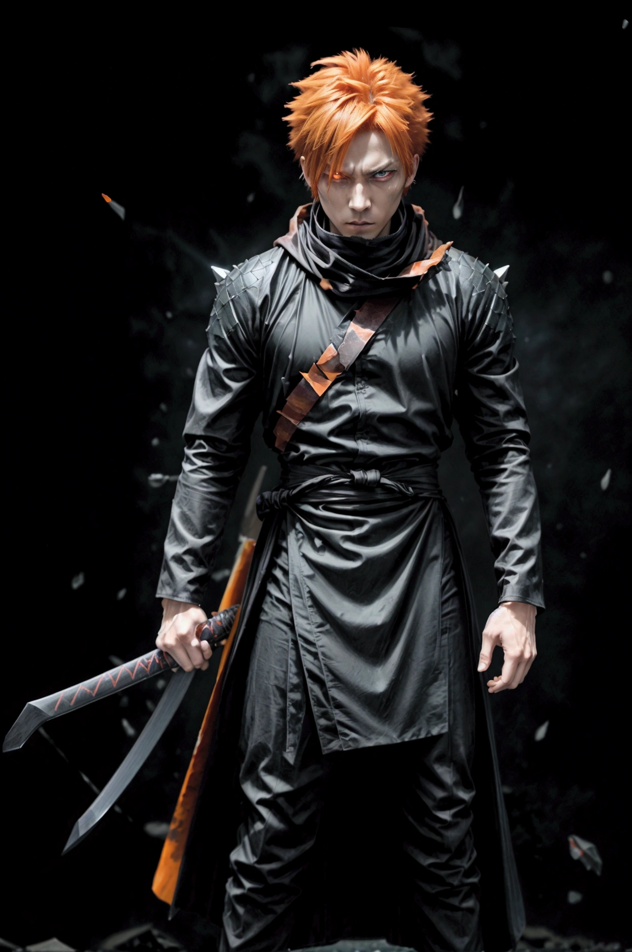 bank: Tensa Zangetsu Indication : (hyperrealistic) Ichigo stands confident in his Bankai form, wearing a sleek, all-black version of his Shinigami robes, with a long, loose red and black scarf. Su Zanpakuto, Tensa Zangetsu, It is a thinner black katana with a chain attached to its hilt.. His orange hair spikes dramatically and his eyes burn with a fierce intensity.. Background: a shattered battlefield with dark energy swirling around it, which gives it a feeling of immense power and speed.