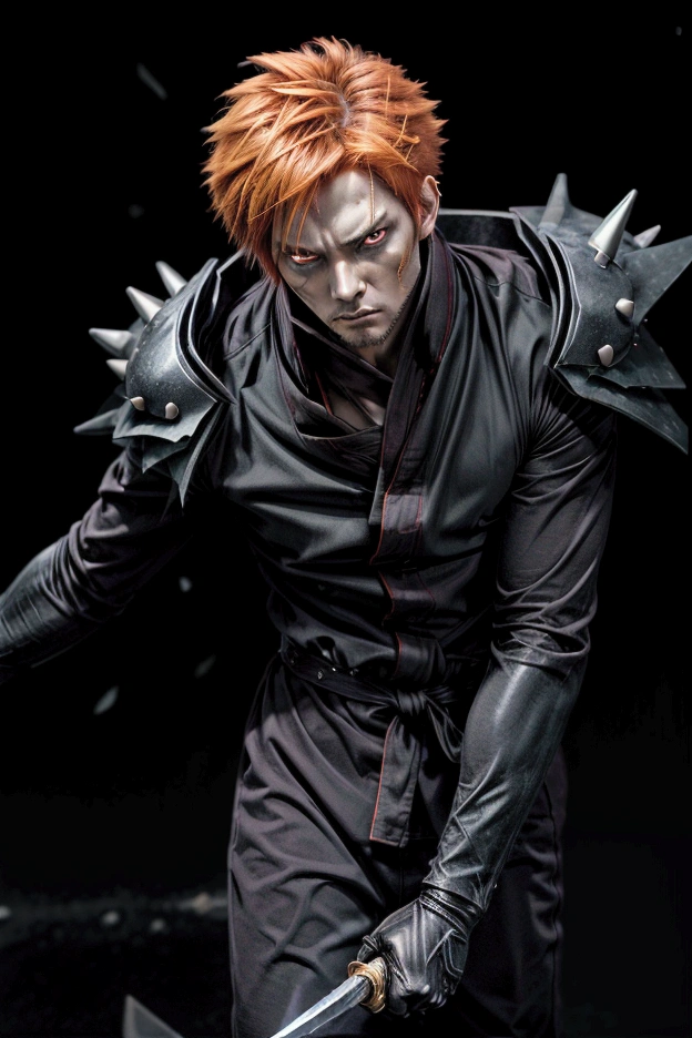 bank: Tensa Zangetsu Indication : (hyperrealistic) Ichigo stands confident in his Bankai form, wearing a sleek, all-black version of his Shinigami robes, with a long, loose red and black scarf. Su Zanpakuto, Tensa Zangetsu, It is a thinner black katana with a chain attached to its hilt.. His orange hair spikes dramatically and his eyes burn with a fierce intensity.. Background: a shattered battlefield with dark energy swirling around it, which gives it a feeling of immense power and speed.