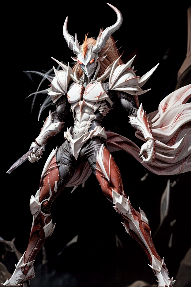 Vasto Lorde Form Indication : (hyperrealistic) Ichigo in his Vasto Lorde form, covered in bone-white armor with sharp spikes, including a terrifying Hollow mask with long horns curved backwards. Her hair grows long and wild, flowing like fire, and his body is more muscular and beastly. His Zanpakuto turns into a serrated sword and his eyes glow with hollow energy.. Background: a desolate desert under a blood red moon, with gusts of wind blowing sand and debris, emphasizing its primordial power.