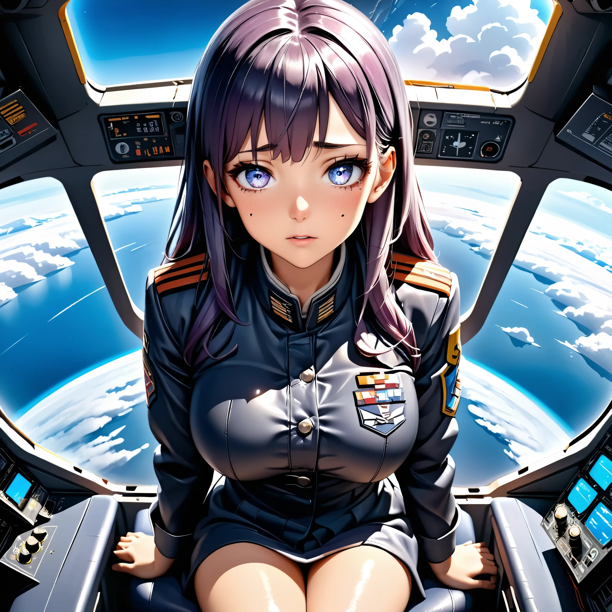 masterpiece, 4k, HDR, full HD, (best quality), (ultra detailed), (only), (extremely delicate and beautiful fabric), super intricate ANIME TYPE, best quality, 1girl, very expressive eyes, deep purple hair, hyper beautiful face, hair purple, Perfect anatomy, shiny and oily skin, full body, alone, 1girl, expressive eyes, perfect face, (bright purple hair, long hair), looking at viewer, bright blue eyes, beautiful face, perfect face, perfect hands, perfect legs, super detailed clothing, intricate clothing, A female pilot in mid-flight, She is in the main cabin of the military ship, she has an intercom on her head, and you can also see a control panel with many buttons and sensors, is wearing an aviation helmet and reflective goggles. She is sitting in the cockpit of a futuristic airplane, surrounded by sophisticated control instruments. Sunlight reflects off the cabin glass, creating a golden glow around you. His expression is one of confidence and concentration, as the blue sky and fluffy clouds stretch along the horizon, showing the vastness of the airspace. view from above, She is inside the military plane,