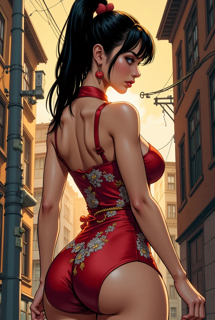 From behind, A intricate illustration of a voluptuous womean, cinematic, round boobs, Japanese tight dress, comic style, deep cleavage, dynamic 