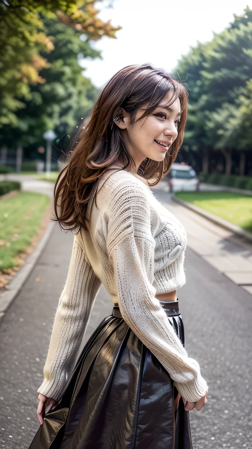 Female, 20 years old, medium black wavy hair、bangss、Puffy nipple、beige turtleneck knit、Pleated long skirt, Black stockings、Medium milk, cute smile face、(Poses that emphasize the buttocks、turned around)、sexy hips、Black High Heels、Big necklace、(((Skirt flipping in the wind、I can see all my panties、)))、(Yellow lace panties)、Cute earrings、(Tilt your head slightly)