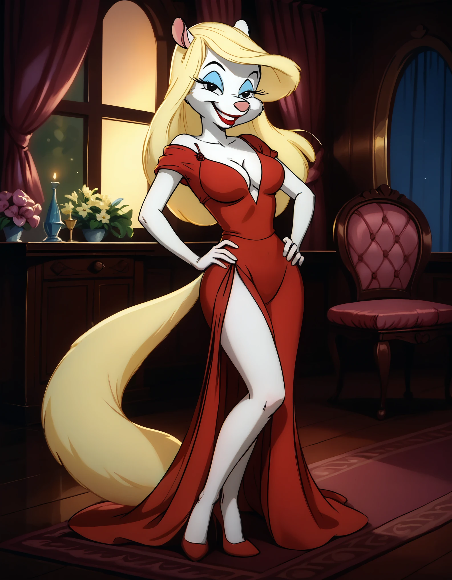 masterpiece,best quality, highly detailed, score_9, score_8_up, score_7_up, score_6_up,BREAK minerva mink, 1girl, white fur blonde hair, fluffy blonde tail, solo, black eyes, long hair, wearing a glittery red dress with a side cut, standing, one hand on hip, makeup, smile, grin, full body, lipstick, medium breasts, cleavage, seductive pose, indoors