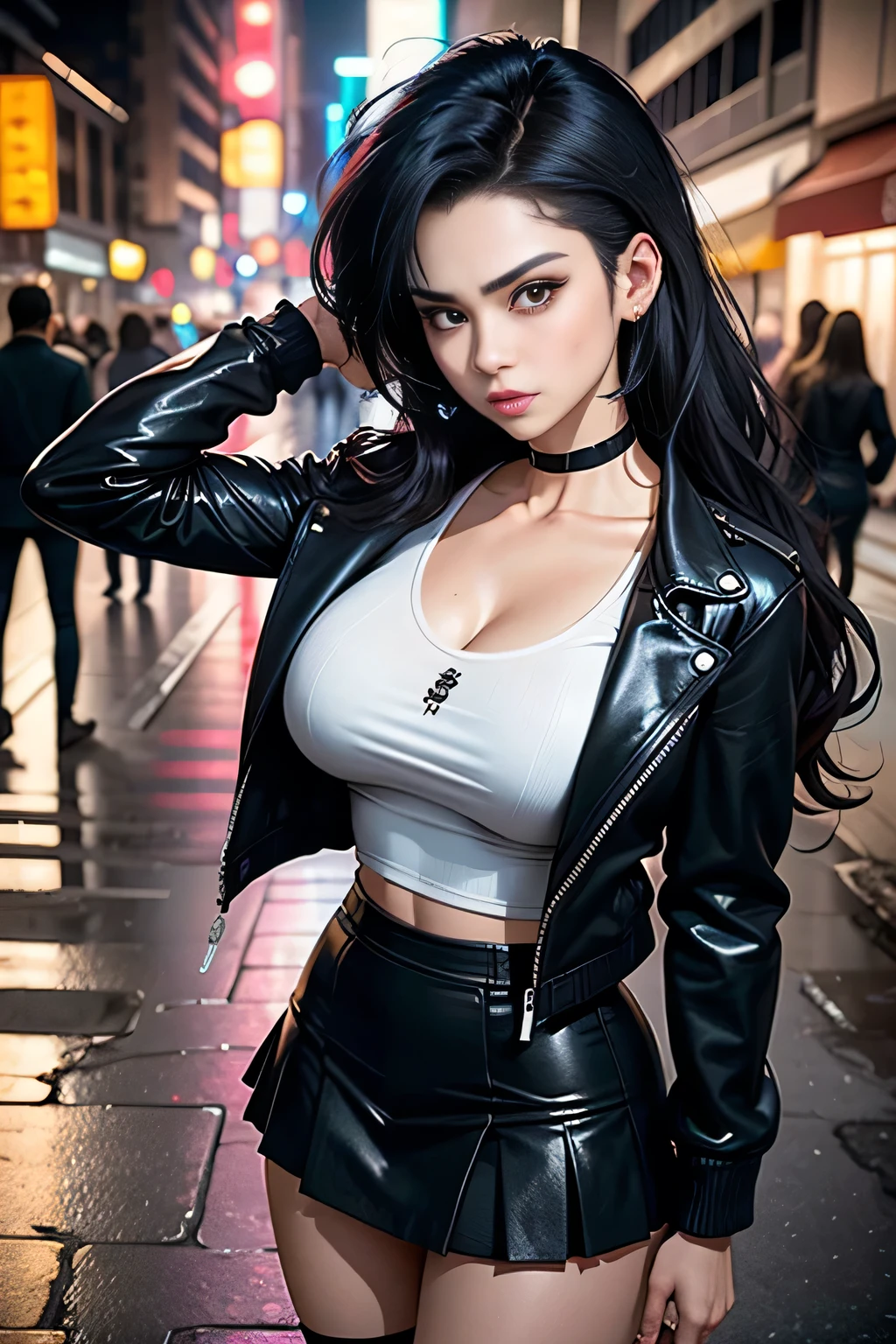Create a live-action depiction of a female version of Yuusuke Urameshi. She has short, messy black hair and fierce, determined eyes. Her outfit is a modernized, revealing version of her school uniform, featuring a tight-fitting, deep V-neck shirt that accentuates her large chest, paired with a cropped jacket and high-waisted skirt. She has a confident and rebellious expression, with a feminine version of her spirit gun pose. • Background: A realistic, urban street scene at night in a gritty city, with neon lights reflecting off the wet pavement.