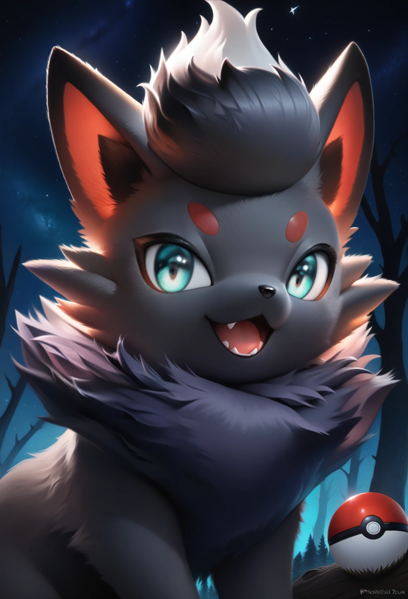 photorealistic, masterpiece, realistic fluffy zorua_(pokemon), standing in forest, night time, night sky, sharp zorua_(pokemon) teal eyes, looking at viewer, tilting head to the side, smiling, open mouth, glistening fur, detailed fluffy fur, dark, pokeball,