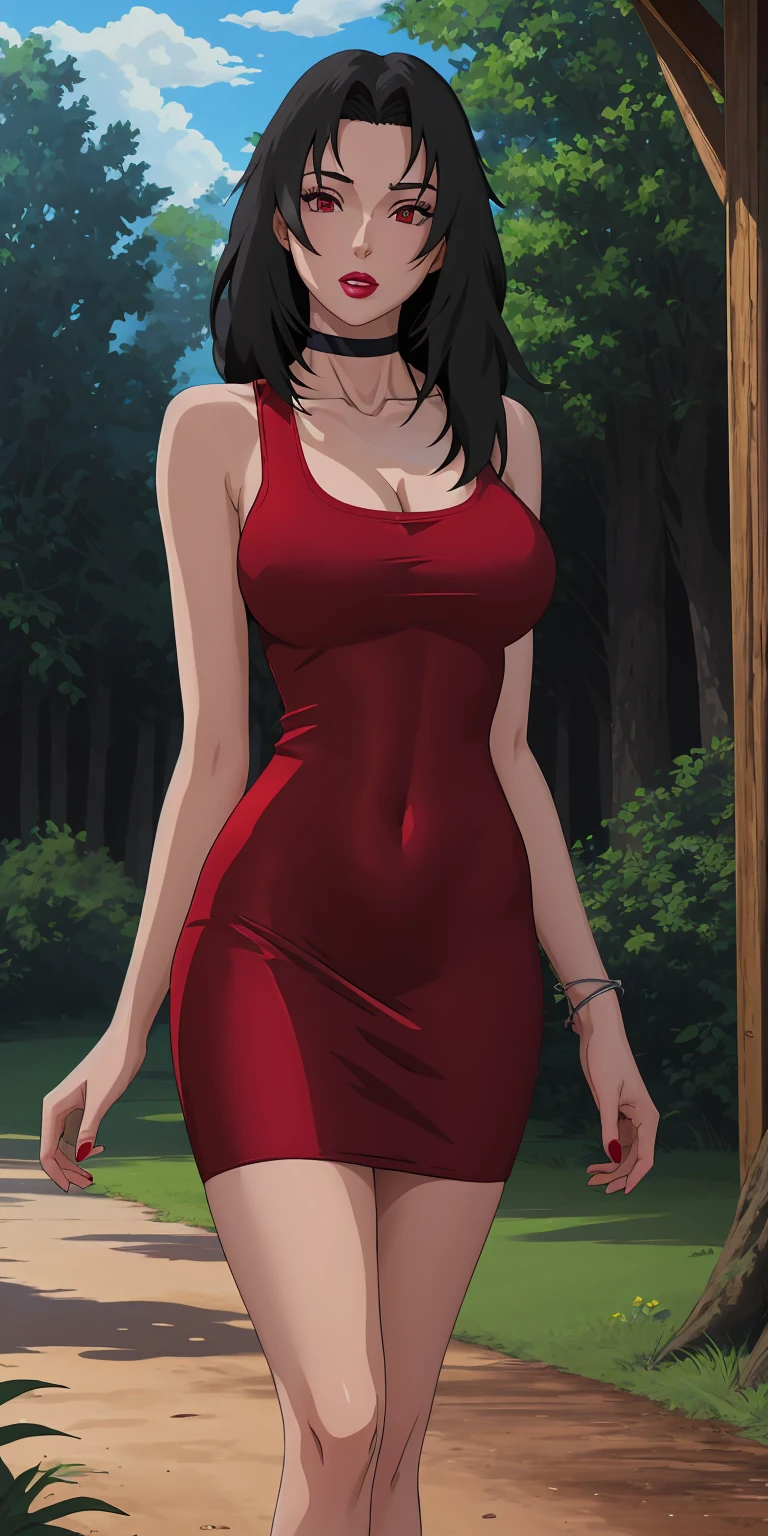 masterpiece, best quality, extremely detail 8k cg, high resolution, 1girl, mature female, RedTankTop_KurenaiYuhi_ownwaifu, 1girl, black hair, long hair, lipstick, makeup, red eyes, red lips, medium breasts, lips, cleavage, red dress, short dress, collarbone, tank top, bare shoulders, choker, collarbone, titsonastick, beautiful face, night time, konohavillage, outdoors, forest