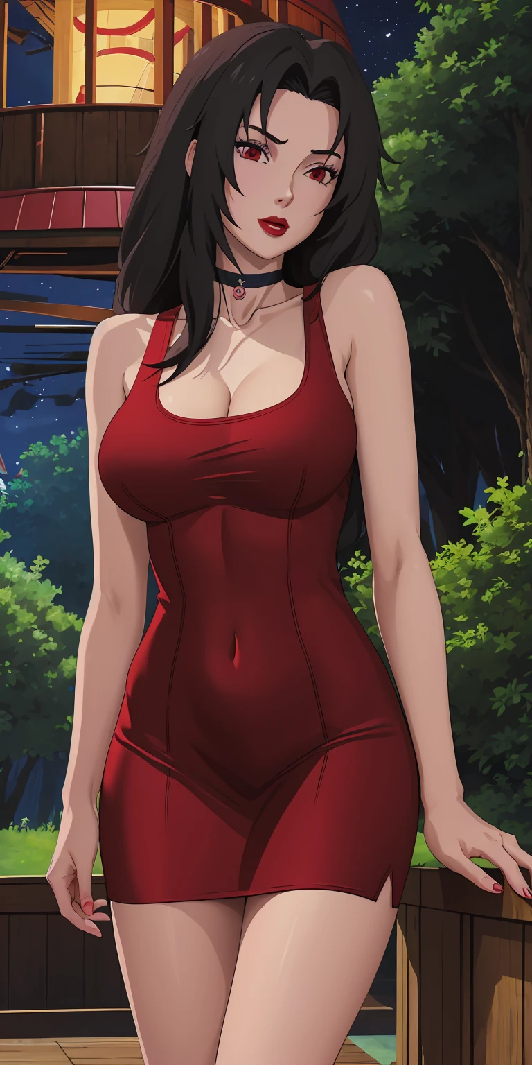 masterpiece, best quality, extremely detail 8k cg, high resolution, 1girl, mature female, RedTankTop_KurenaiYuhi_ownwaifu, 1girl, black hair, long hair, lipstick, makeup, red eyes, red lips, medium breasts, lips, cleavage, red dress, short dress, collarbone, tank top, bare shoulders, choker, collarbone, titsonastick, beautiful face, night time, konohavillage, outdoors, forest