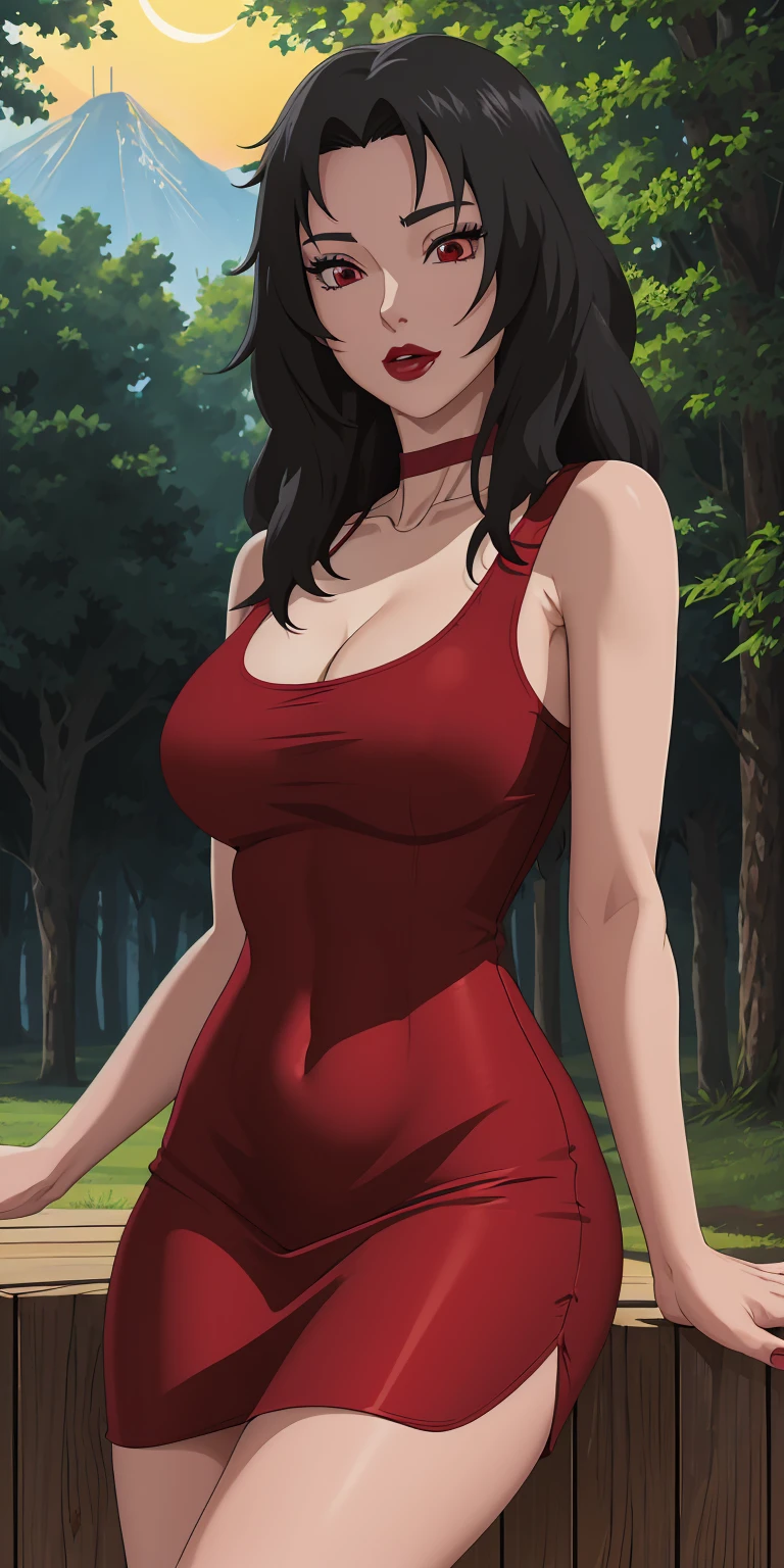 masterpiece, best quality, extremely detail 8k cg, high resolution, 1girl, mature female, RedTankTop_KurenaiYuhi_ownwaifu, 1girl, black hair, long hair, lipstick, makeup, red eyes, red lips, medium breasts, lips, cleavage, red dress, short dress, collarbone, tank top, bare shoulders, choker, collarbone, titsonastick, beautiful face, night time, konohavillage, outdoors, forest