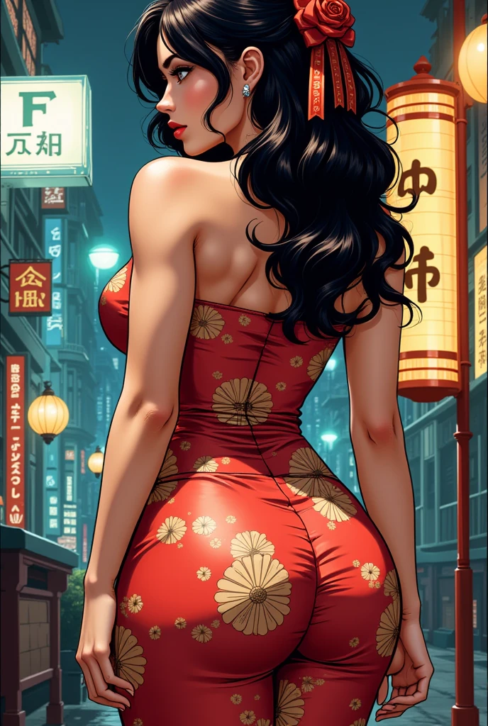 From behind, A intricate illustration of a voluptuous womean, cinematic, round boobs, Japanese tight dress, comic style, deep cleavage, dynamic 