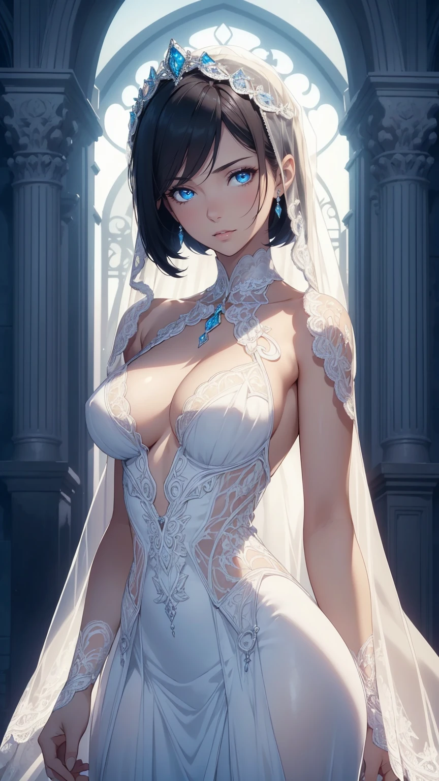 ((unity 16k wallpaper, masterpiece, best quality, ultra-detailed, extremely detailed CG, caustics, cinematic lighting, detailed, beautiful detailed eyes, NSFW: 2.0, realistic hairstyle)), erotic, sexyFine skin, (cute: 1.2), Clavicle, (JPOP Idol,)), ((Attractive, Sexy Pose)), Sexy Bride, (Wedding Dress, Wedding Veil)), (Deep Slit: 1.2), Off Shoulder