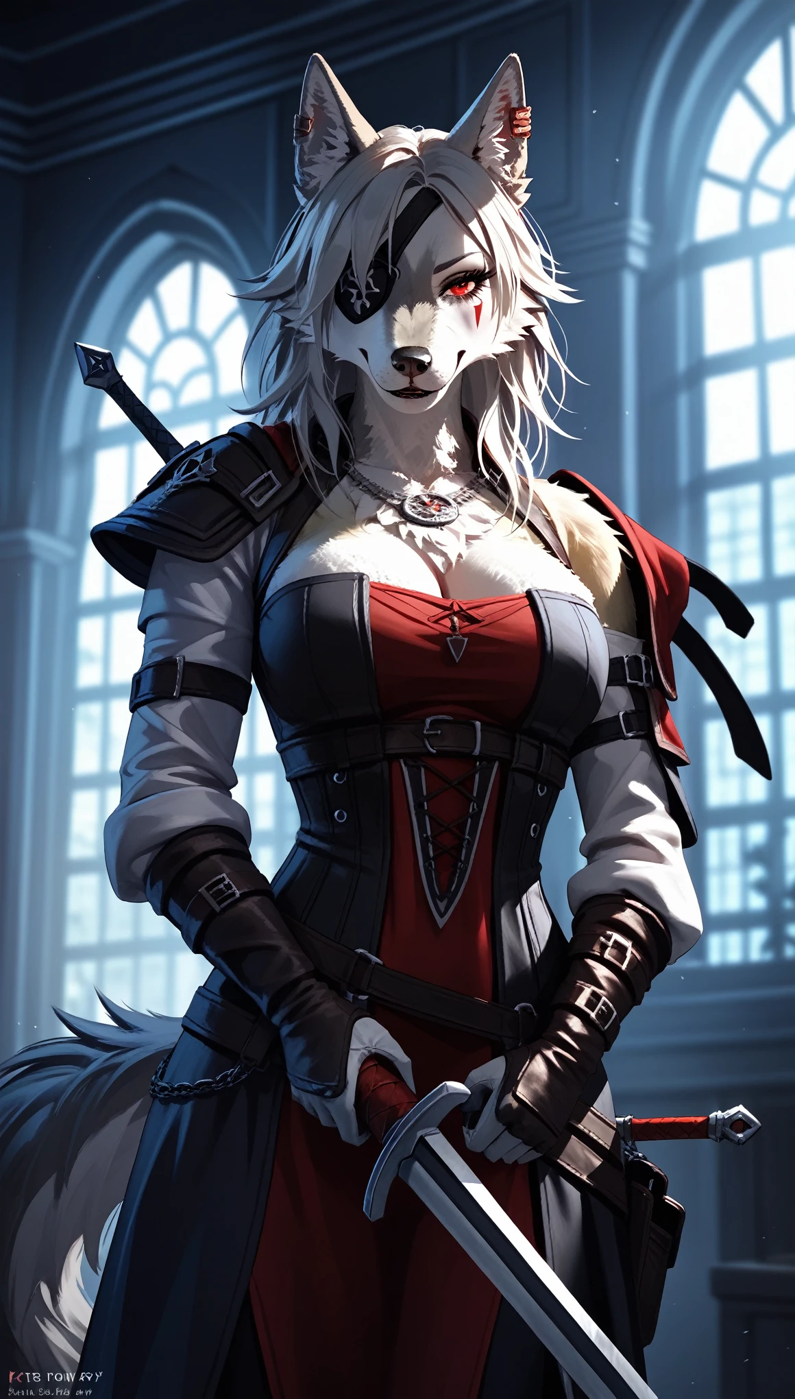 (zPDXL2), (PonyXLV6_Scores), source_cartoon, Expressiveh, three-quarter portrait, rating_safety, asymmetric image, BREAK
((8k, 4k, Detailed, High quality, masterpiece, perfect anatomy)), Assassin's Creed, furry, female, mature female, ((by Kilinah, fluff-kevlar)), Von Lycaon, (Zenless Zone Zero), wolf, sexy body, breasts, cute face, red eyes, eye patch, fluffy tail, casual clothes
