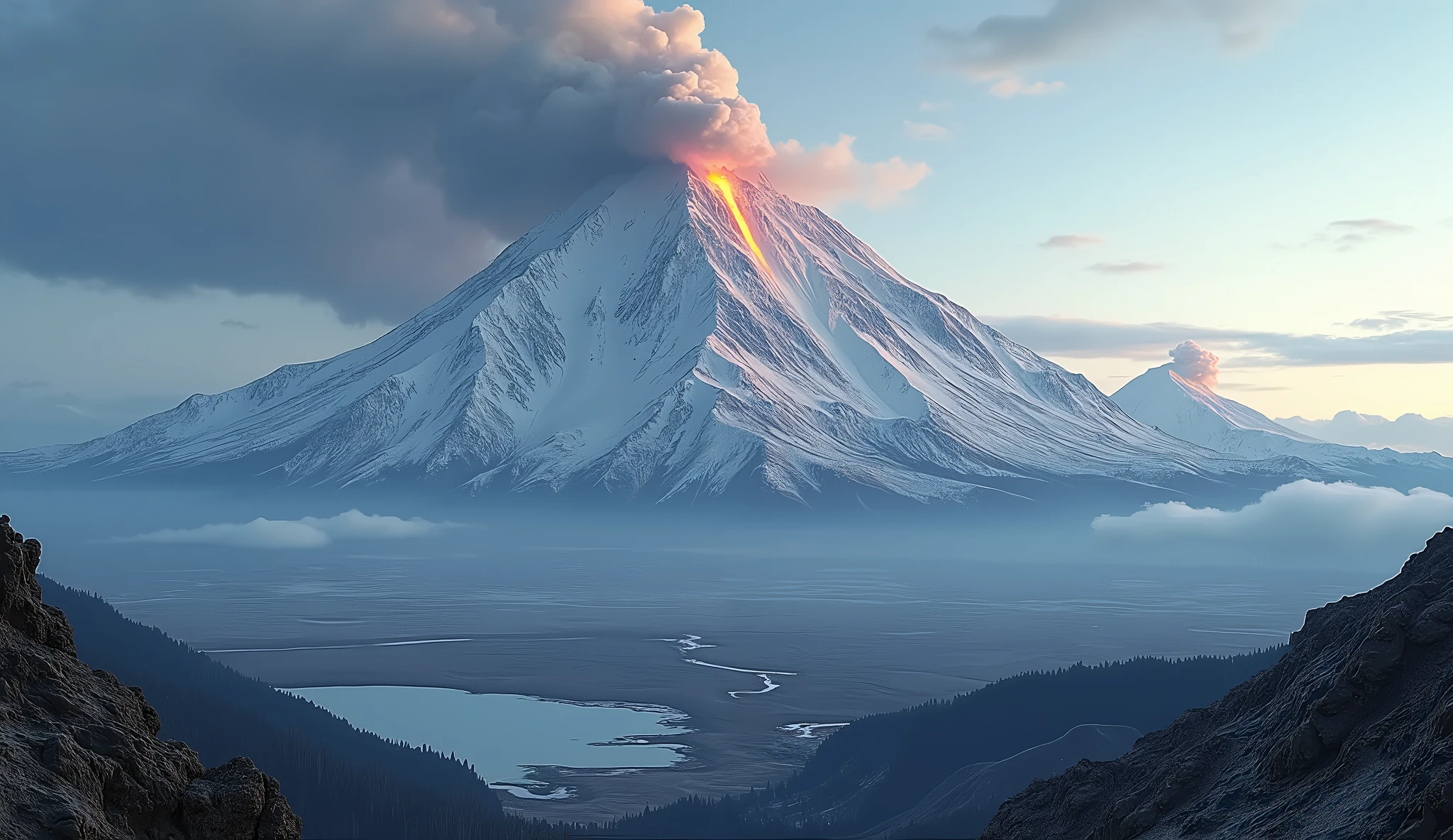 Mountains, in the background the sun sets over the horizon, a volcano erupts, lake, trees --auto