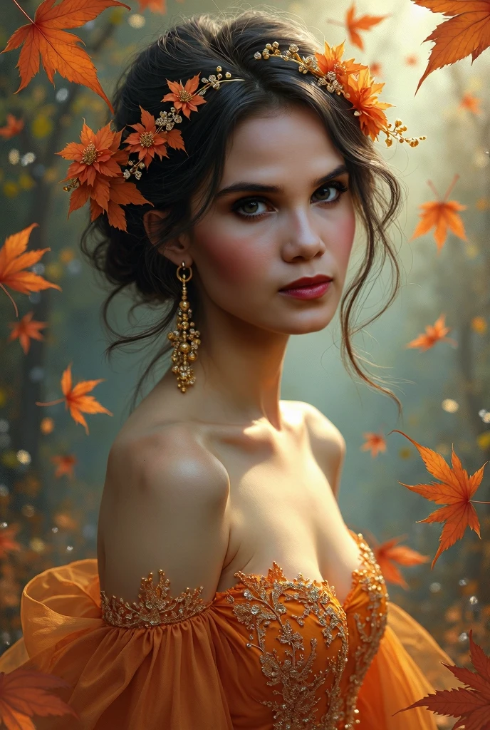 A woman in a golden dress surrounded by autumn leaves, fantasy style clothing, colorful rich fantasy clothing, fashion clothing, by Bascove, luxurious theme, style of laura sava, fashion poster, fashion design, creativity in fashion design, fashion clothes, designer fashion, creative fashion, fashion designer, digital effects fantasy, luxury fashion illustration, foliage clothing, the goddess of autumn harvest, Canon EF 24 - 70mm f/ 2. 8L II USM lens on a Canon EOS 5D Mark IV camera,