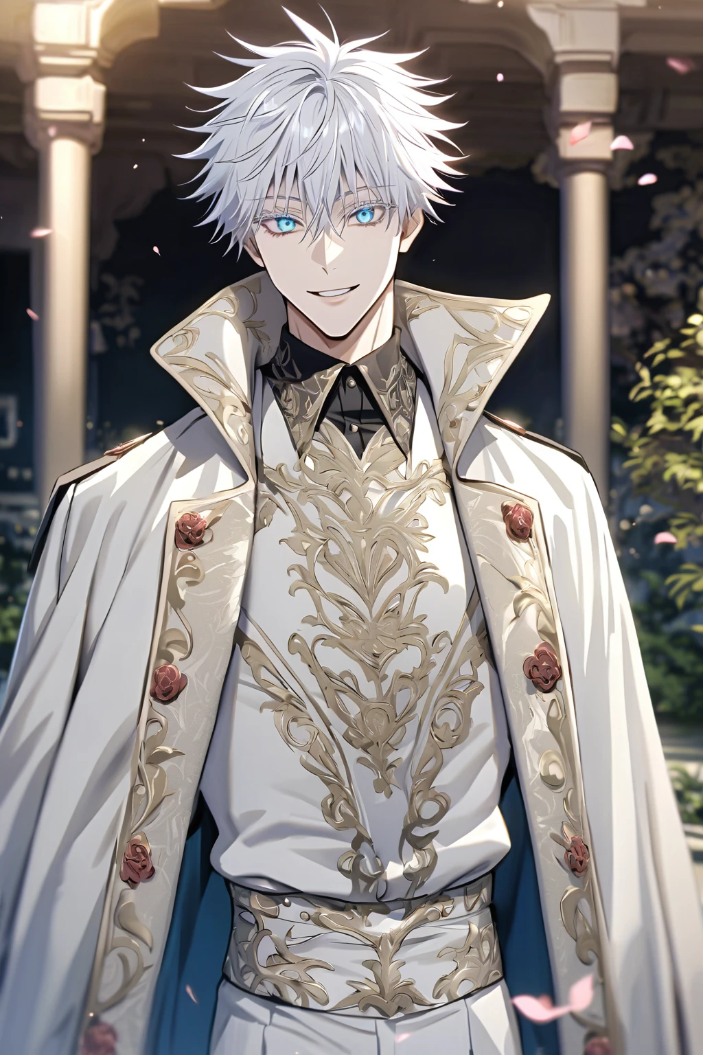 cinematic shot, standing, male focus, 1boy, solo, smile, Gojo Satoru, white hair, short hair, spiky hair, hair between eyes, white eyelashes, colored eyelashes, blue eyes, Gojo Satoru Eyes, handsome, sexy man, sensual, (elegant, high fashion, black collared shirt, black cape on shoulder, Fantasy Male Outfits), (detailed beautiful face and eyes), absurdres, highres, ultra detailed, HDR, Jujutsu Kaisen, fantasy, glittering, petals, garden background, (professional lighting), (masterpiece, 8k, best quality:1.3), (SuperQuality:1.0) ~ (SuperQuality:1.2)