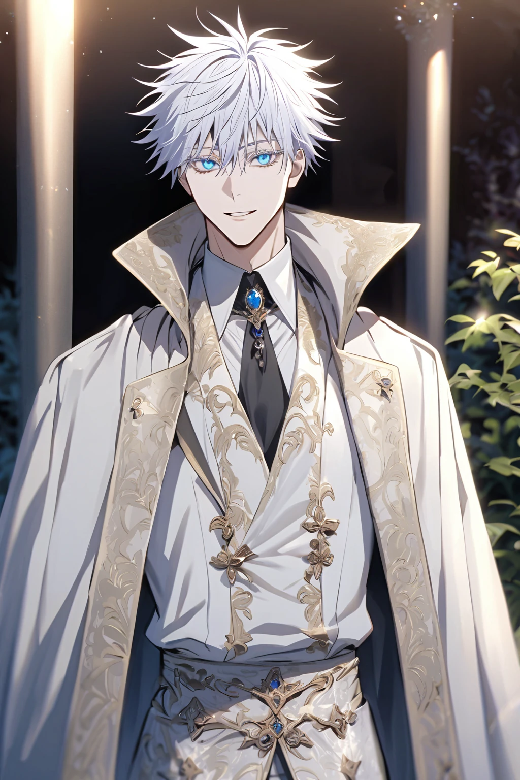 cinematic shot, standing, male focus, 1boy, solo, smile, Gojo Satoru, white hair, short hair, spiky hair, hair between eyes, white eyelashes, colored eyelashes, blue eyes, Gojo Satoru Eyes, handsome, sexy man, sensual, (elegant, high fashion, black collared shirt, black cape on shoulder, Fantasy Male Outfits), (detailed beautiful face and eyes), absurdres, highres, ultra detailed, HDR, Jujutsu Kaisen, fantasy, glittering, petals, garden background, (professional lighting), (masterpiece, 8k, best quality:1.3), (SuperQuality:1.0) ~ (SuperQuality:1.2)