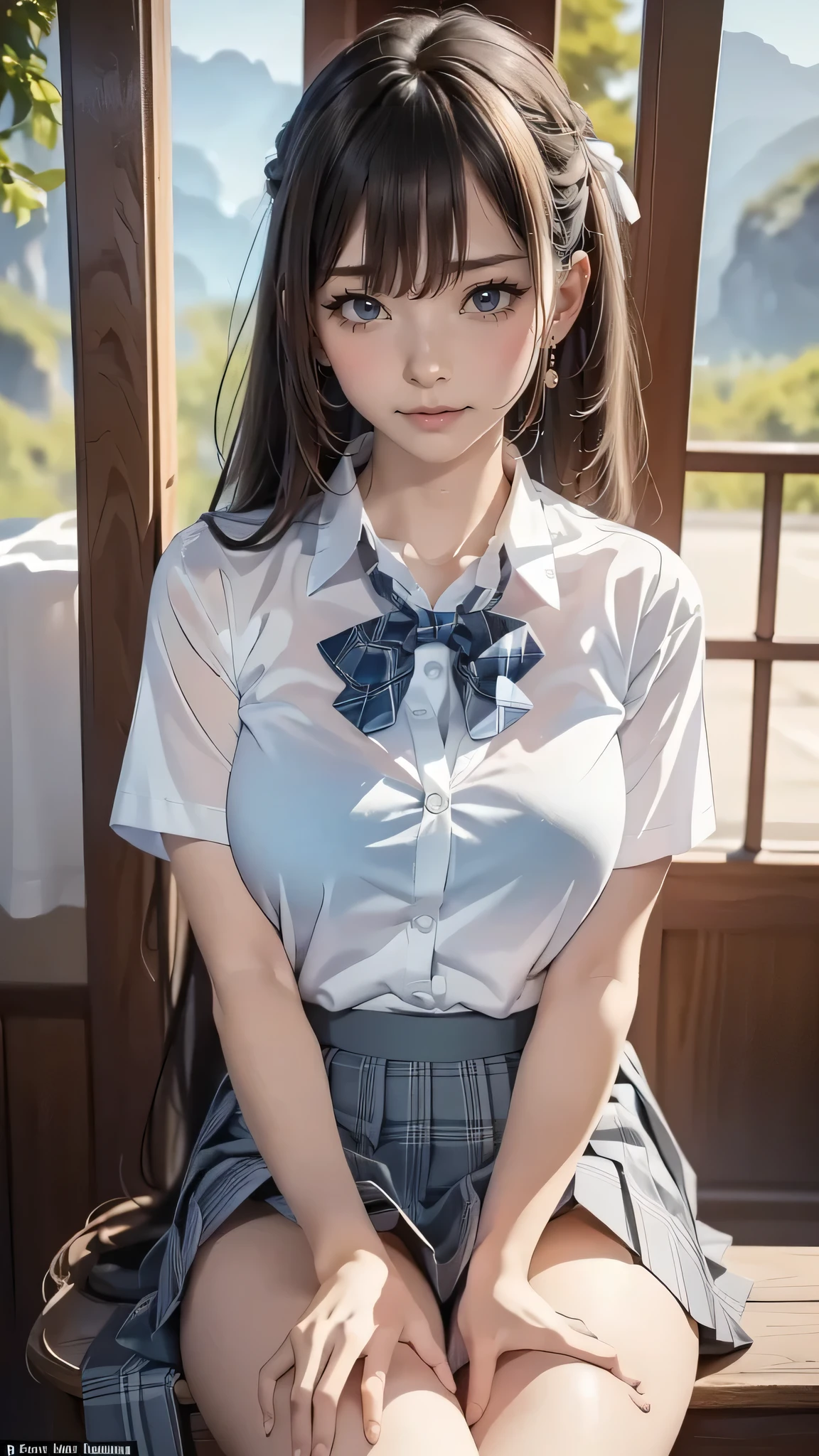 (masterpiece:1.2, highest quality), (realistic, photorealistic:1.4), beautiful illustrations, 
looking at the viewer, whole body, Front view:0.6, 
1 girl, Japanese, high School girl, (long hair:1.5), blown hair, (half up, half updo), bangs, hair between eyes, big breasts:0.8, 
beautiful hair, beautiful face, beautiful and fine eyes, beautiful clavicle, beautiful body, beautiful breasts, beautiful thighs, beautiful feet, beautiful fingers, 
(beautiful scenery), , School,
((Short sleeve shirt with collar, white shirt, School uniform, Grey plaid pleated skirt, Blue plaid bow tie)), white panties, 
(Are standing, , lift the skirt, Grab the hem of the skirt, put your hand on your chest, hand between legs), 
blush, ,