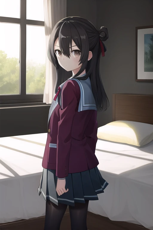 1girl, solo,shirt, black hair,dark brown eyes, hair between eyes, school uniform, white shirt, hair red ribbon, neck ribbon, blazer, red jacket, pleated skirt, black pantyhose,
BREAK standing,
BREAK expressionless,
BREAK (looking at viewer:1.1),
BREAK from back,
BREAK (bed room, bed:1.1),
BREAK (illustration:1.2),
BREAK (masterpiece, best quality, ultra detailed, professional quality:1.3), (high resolution, textile shading:1.3), (caustics, ambient light, sunlight, hard shadows:1.1), (HD), rich contrast,