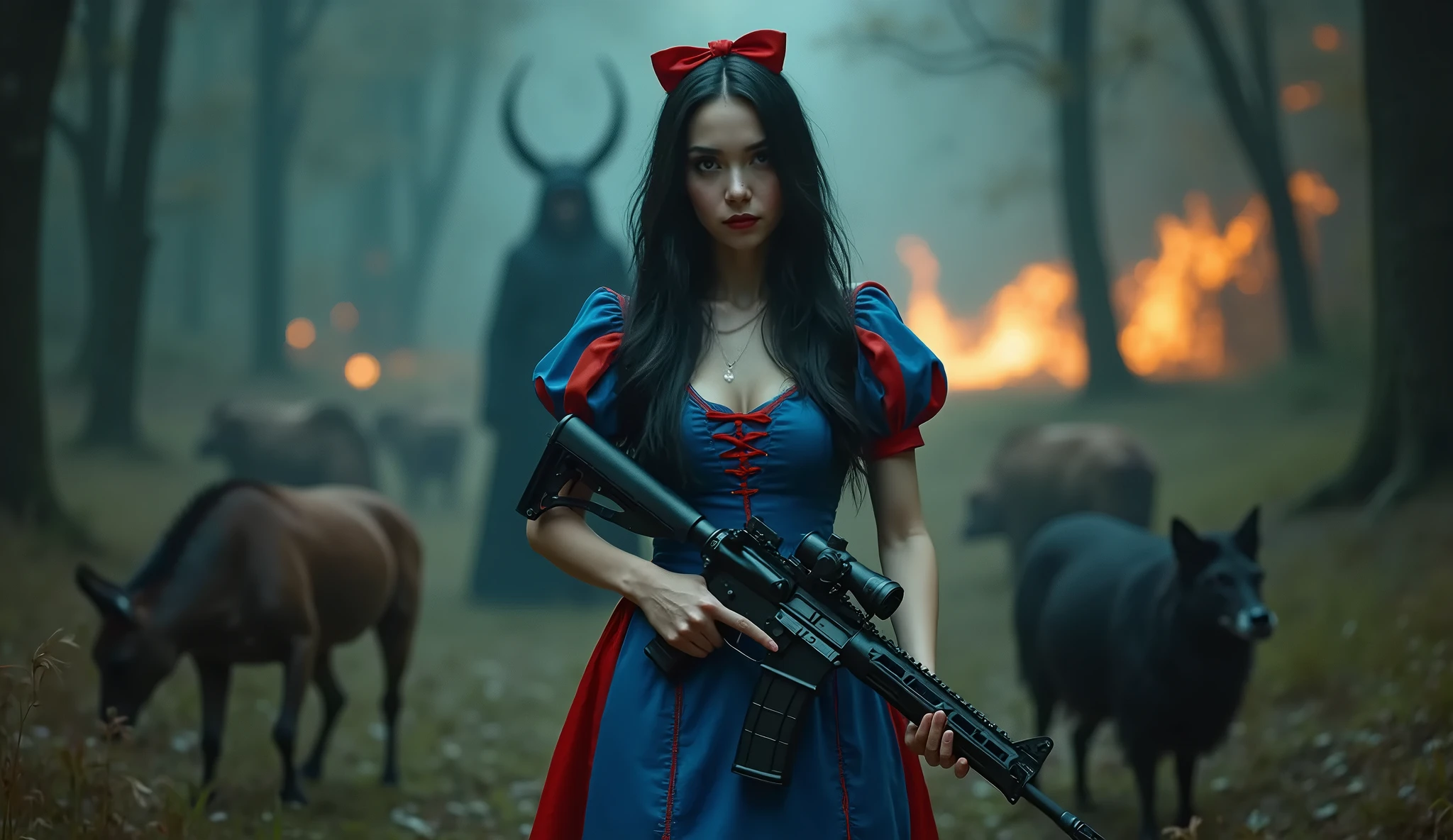 a zombie dressed girl with big balalaika between legs and zombie makeup with blood. she sits against the backdrop of St. Basil's Cathedral tops in Moscow