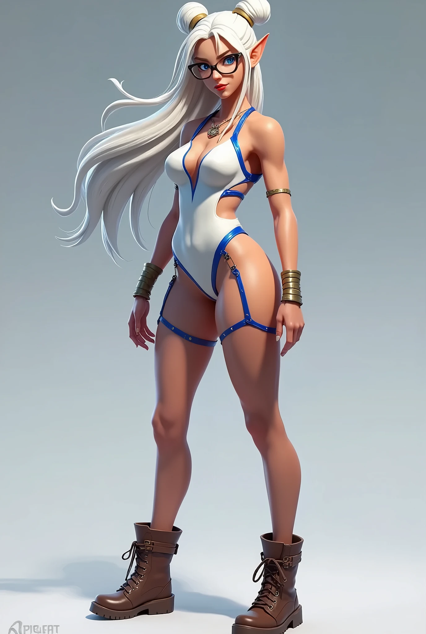 (Masterpiece, plain background:1.2) Blackest blacked dark skin elf 1sologirl (8k, best quality, masterpiece:1.2) (realistic, photo-realistic:1.37) (full body) 1female solo girl, standing straight  symmetrical contrapposto 2legs apart (wide stance) ultra detailed, cute (beautiful detailed eyes) (smile:1.2) (closed mouth) (red cheeks) sharp focus, depth of field, good composition, very long straight WHITE SILVER hair, hair bang ((red eyes)), intricate, bokeh (Tetsuya Nomura style) perfect knockers, white tank top, black thong, suspenders, red gloves gauntlets, white stockings, toned body, athletic, wide hips, thin waist, toned arms, exposed abdomen, abs toned, navel, big belly button belt, view from behind