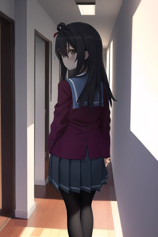 1girl, solo,shirt, black hair,dark brown eyes, hair between eyes, school uniform, white shirt, hair red ribbon, neck ribbon, blazer, red jacket, pleated skirt, black pantyhose,
BREAK standing,
BREAK expressionless,
BREAK looking at viewer,
BREAK from back,
BREAK indoor, hallway,
BREAK (illustration:1.1),
BREAK (masterpiece, best quality, ultra detailed, professional quality:1.3), (high resolution, textile shading:1.3), (caustics, ambient light, sunlight, hard shadows:1.1), (HD), rich contrast,