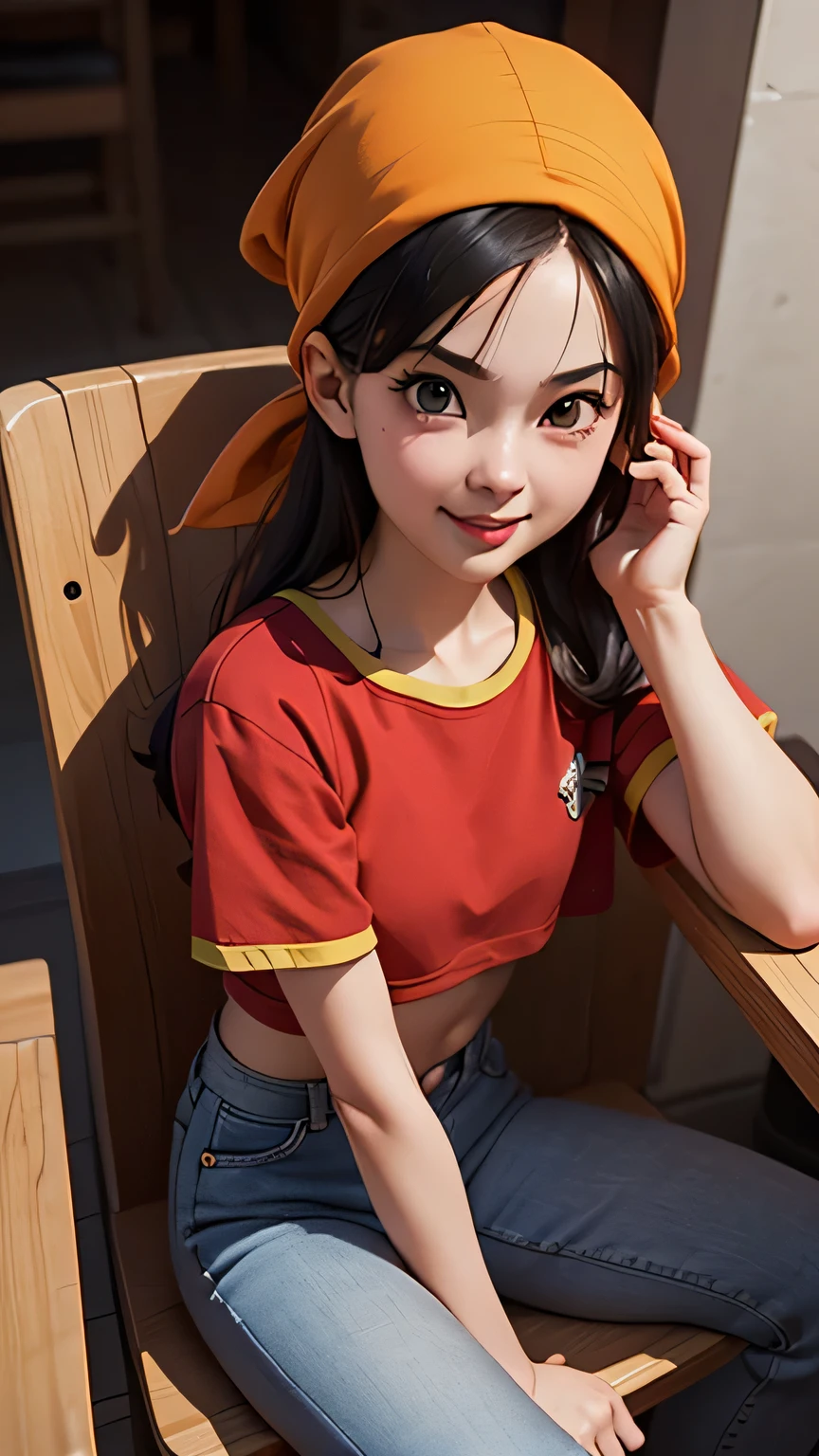 Pan, 1girl, solo, smile, red shirt, jeans, bandana, black Hair, sitting,, (acclaimed, alluring, captivating, exciting, gorgeous, striking:1.3), (trending on CGSociety, trending on pixiv, contest winner:1.3)