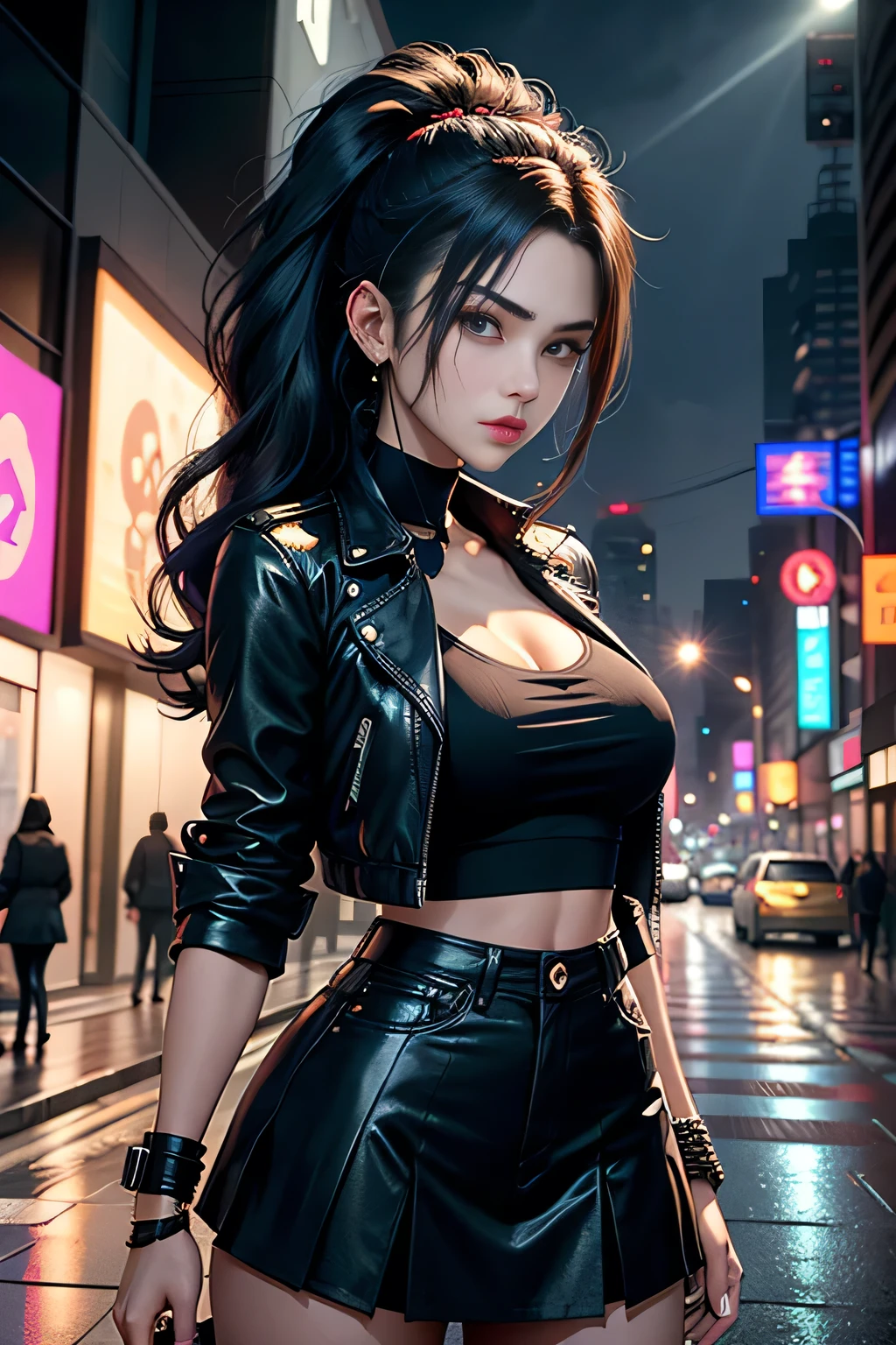 Create a live-action depiction of a female version of Yuusuke Urameshi. She has short, messy black hair and fierce, determined eyes. Her outfit is a modernized, revealing version of her school uniform, featuring a tight-fitting, deep V-neck shirt that accentuates her large chest, paired with a cropped jacket and high-waisted skirt. She has a confident and rebellious expression, with a feminine version of her spirit gun pose. • Background: A realistic, urban street scene at night in a gritty city, with neon lights reflecting off the wet pavement.