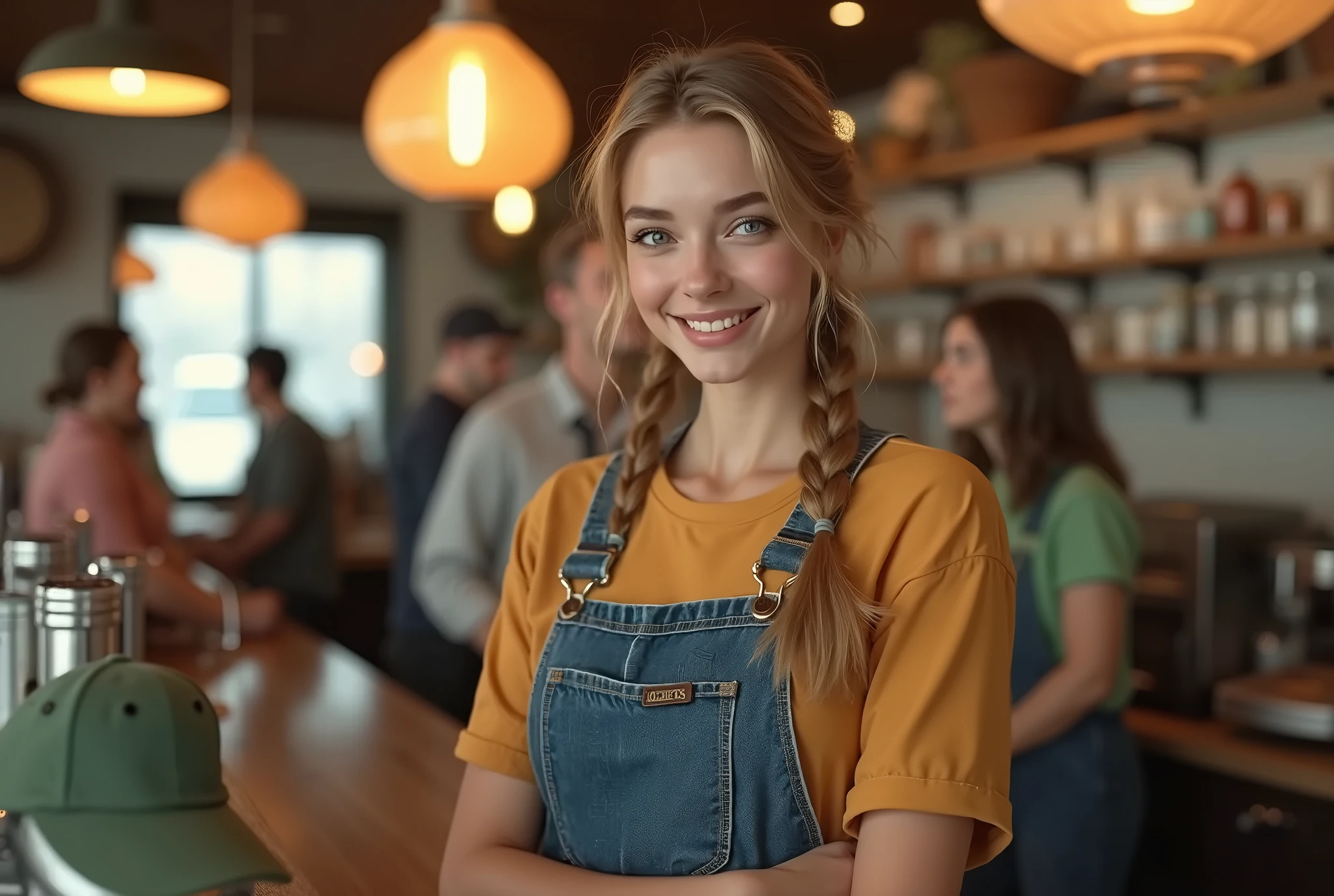beautiful girl, blonde hair in a bun, barista, green apron, caucasian, blue eyes, 