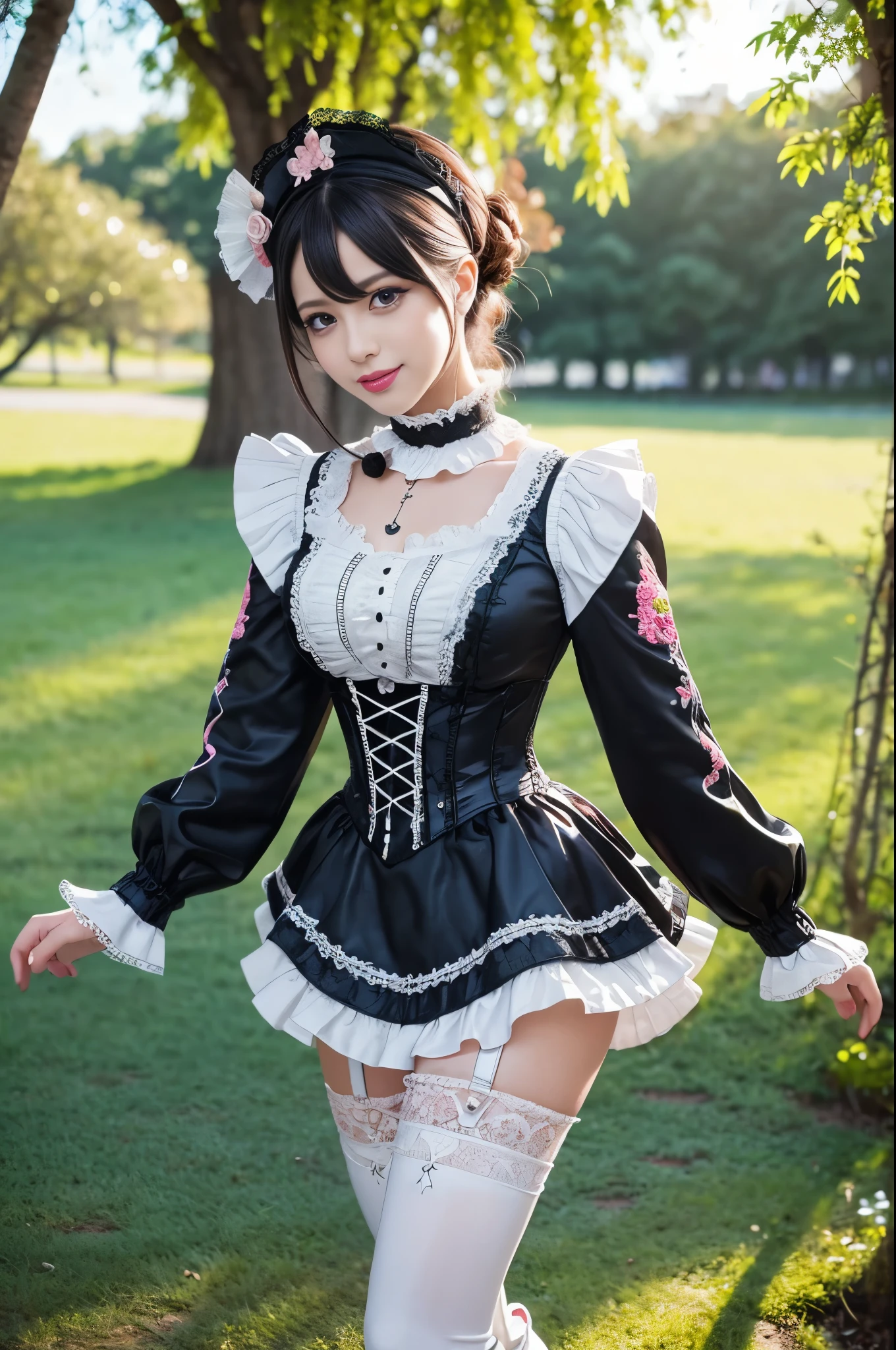 sexy stylish Spanish model, only 1 female, ((doll-like appearance)), ((very detailed Victorian-Style boots)), (happy smile), very detailed eyes, vivid eye makeup, lipgloss, long lashes, defined eyebrows, ((sexy Paradise Kiss cosplay)), bell-shaped skirt, petticoats, high neckline, puffed sleeves, ((very detailed lace)), ((very detailed embroidery)), intricate details, Paradise Kiss accessoires and matching headpiece, Paradise Kiss choker, ((large sparkling Paradise Kiss jewelry)), cinematic light, detailed large park background with trees