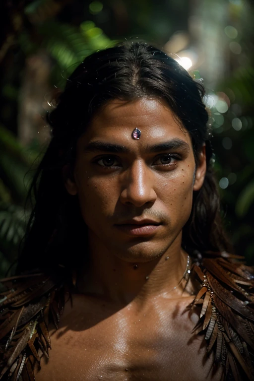 a portly adolescent boy, mischievous boy with supernatural powers, black body, flower on his forehead, three eyes, elaborate costume and headgear with red peacock-like extensions, highly detailed, cinematic lighting, fantasy, dark and moody, deep saturated colors