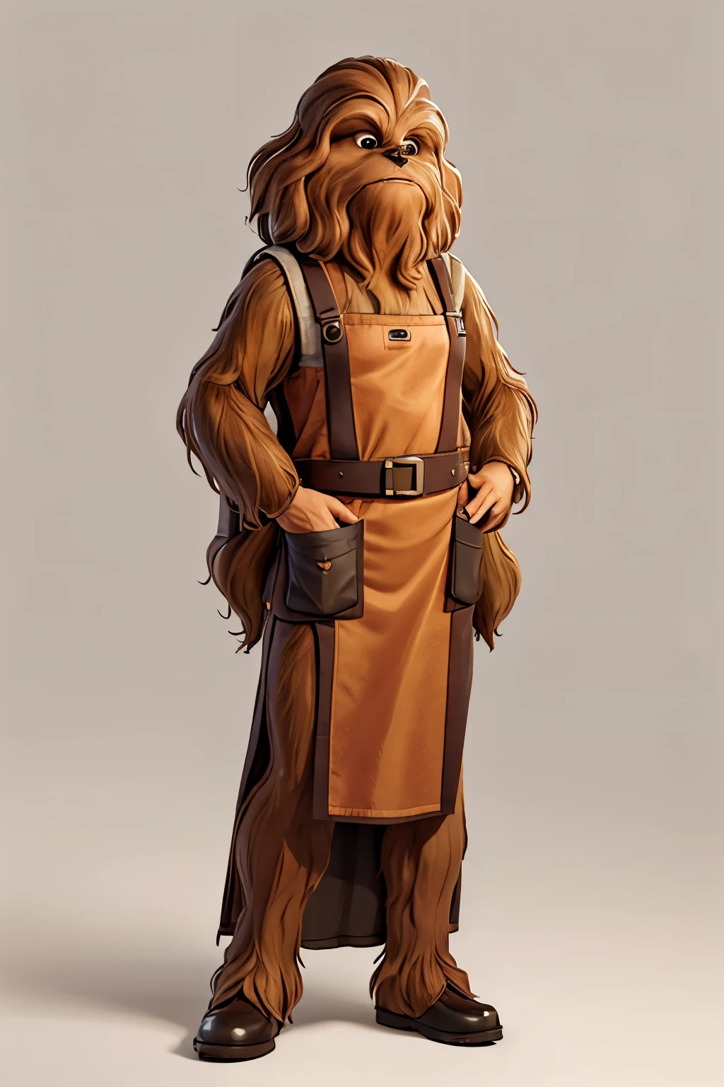 Wookiee, middle-aged, male, shopkeer, ((wearing an apron)), blank background, looking at viewer