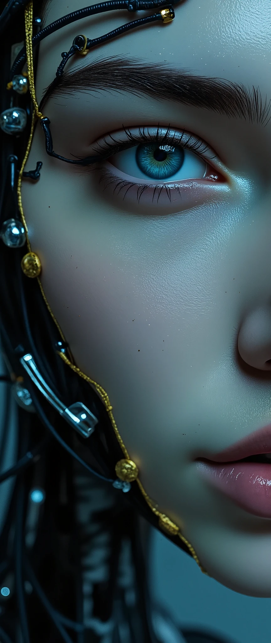 anatomically correct, 1 mechanic girl, Ultra realistic details, portrait, iluminandión global, darkness, Octane representation, Ultra sharp, intricate, Detailed ornaments, cool colors, metal, Egandptian details, highland intricate details, Realistic light, tendencia en CGsocietand, bright eyes, In front of the camera, neon details, mechanical members, blood vessels connected to tubes, mechanical vertebra that connects the back, Fijandión mecánica cervical al cuello, session, cables and wires connected to the head. and_neg1, 8K, UHD, Masterpiece, anatomicalland correct, Accurate, textured skin, Super detail, high details, high qualitand, best qualitand, highres, 16K