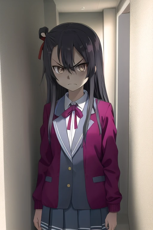 1girl, solo,shirt, black hair,dark brown eyes, hair between eyes, school uniform, white shirt, hair red ribbon, neck ribbon, blazer, red jacket, pleated skirt, black pantyhose,
BREAK standing,
BREAK (angry, angry eyes:1.3),
BREAK looking at viewer,
BREAK from front, upper body,
BREAK indoor, hallway,
BREAK (illustration:1.1),
BREAK (masterpiece, best quality, ultra detailed, professional quality:1.3), (high resolution, textile shading:1.3), (HD), rich contrast,