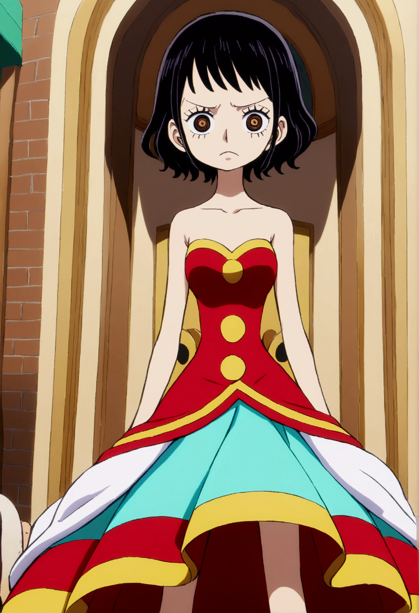 one piece world, girl short hair brown eyes black hair, , beautiful dress, Sharp eyes, dominant posture, High quality rendering