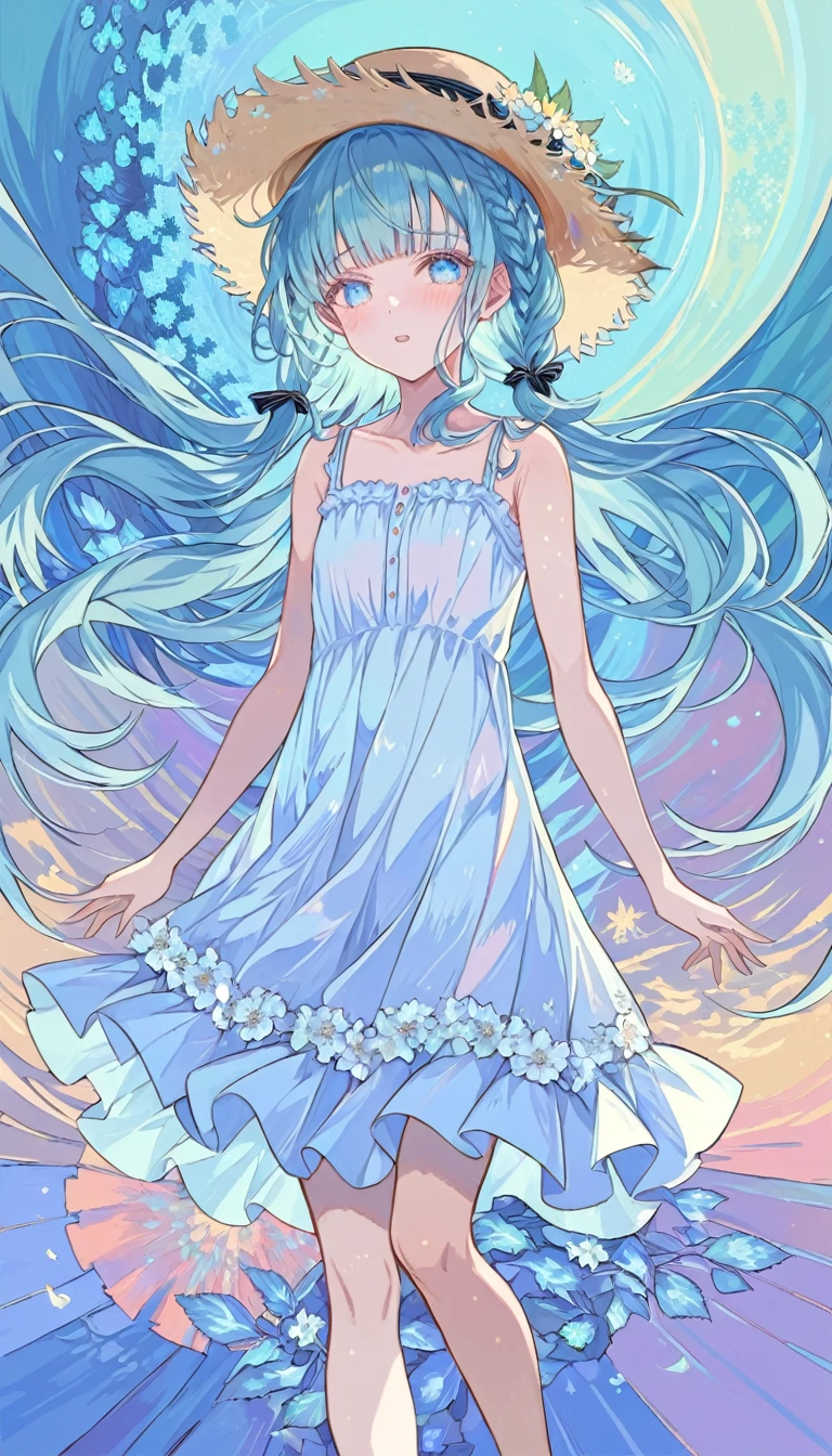 Absurd, high resolution, ultra detailed, break, flat chest, long hair, (((( light blue long hair)))), ((blushing)), clear blue eyes, french braids, break, blunt bangs, walking, break, sundress, Sun hat, mary jane, break, rich gradation, extreme colors, extreme details, clear light perception, break, (Monet, Impressionism, oil painting), anime characters, break,Van Gogh style/Van Gogh スタイル/Van Gogh, (Official Art, beauty and aesthetics: 1.2), (Fractal Art: 1.3), Pastel color scheme, Most detailed,Spread your hands