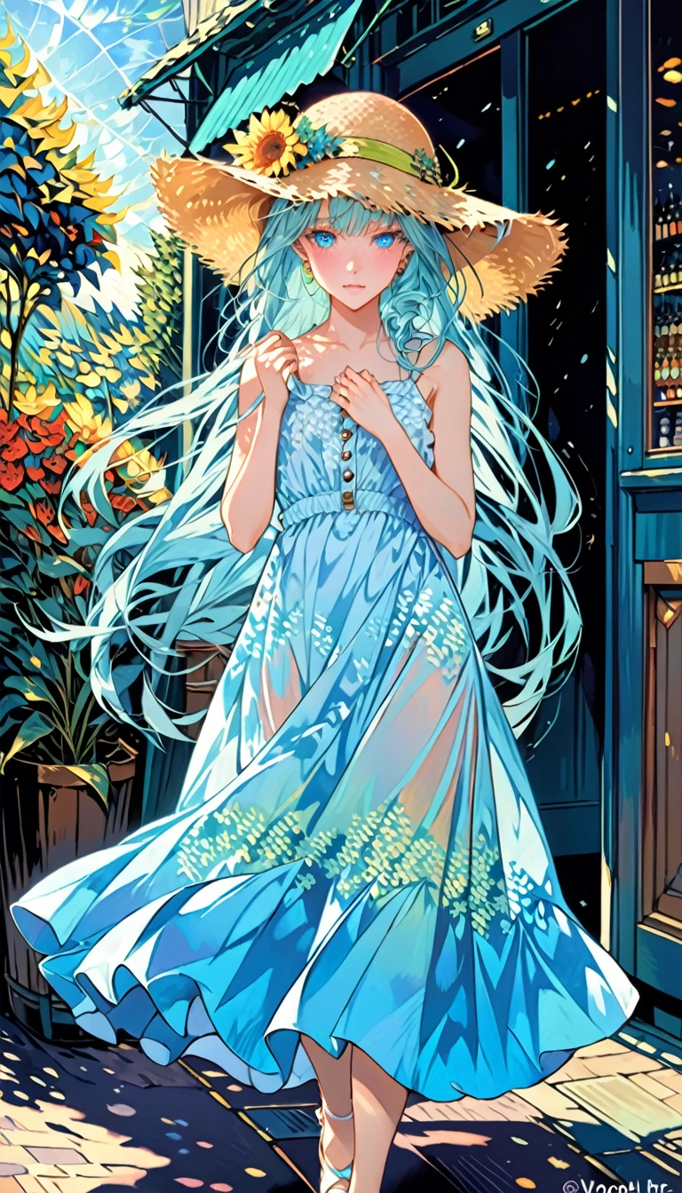 Absurd, high resolution, ultra detailed, break, flat chest, long hair, (((( light blue long hair)))), ((blushing)), clear blue eyes, french braids, break, blunt bangs, walking, break, sundress, Sun hat, mary jane, break, rich gradation, extreme colors, extreme details, clear light perception, break, (Monet, Impressionism, oil painting), anime characters, break,Van Gogh style/Van Gogh スタイル/Van Gogh, (Official Art, beauty and aesthetics: 1.2), (Fractal Art: 1.3), Pastel color scheme, Most detailed,Spread your hands