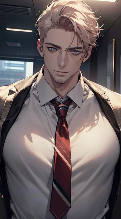 (Highest quality,4K,8K,High resolution,masterpiece:1.2),Super detailed,(Realistic,photoRealistic,photo-Realistic:1.37),1 person,31 years old,Mature Men,Beautiful skin、very handsome,Expressionless,smile,Short gray pink hair,blue eyes,Sharp Eyes,A perfect face without a doubt,Businessman,Office Background,Cinema Lighting,HDR image,tie、