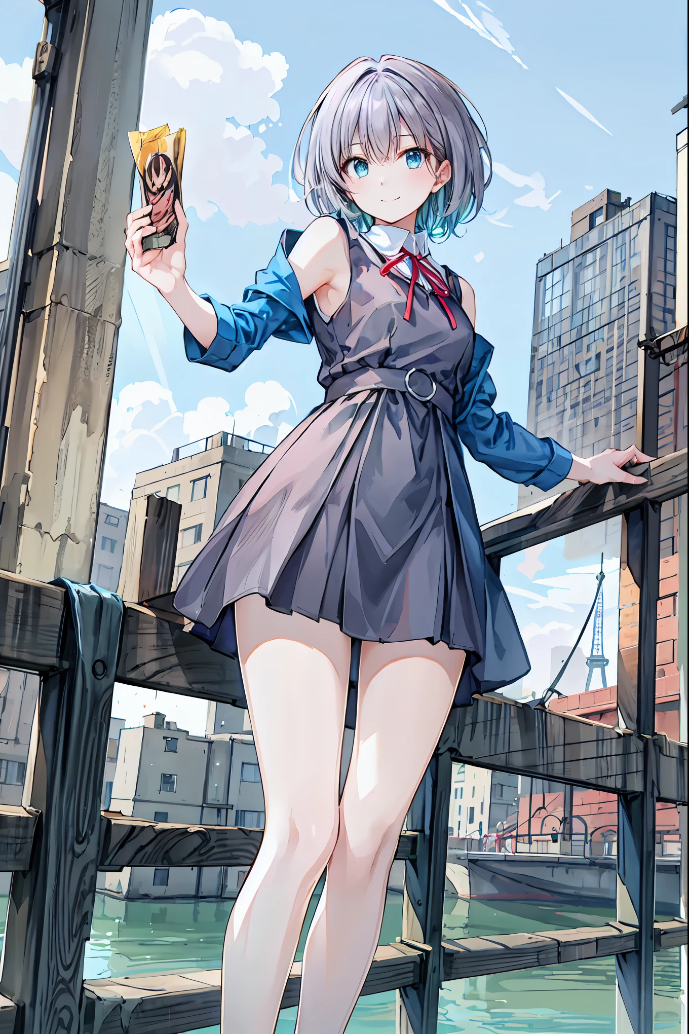 (masterpiece,up to date,Exceptional:1.2), anime,One Girl,茶hair，Shortcuts，ボサボサのhair，short編みhair，Neat，Slender beauty，Hall々A positive attitude，Small breasts，Beautiful legs，Her enchanting grey-blue eyes shine like stars.，Vibrant colors,Beautiful Eyes,A delicate smile,Textured Skin,Best Quality,A kind and beautiful woman,anime風､((From above:1.2)),Beautiful 8K Eyes,green_null,((From below:1.2)),Black camisole【【【bridge,building,city,city,cityscape,cloud,day,dress,Watching_in_Viewers,Outdoor,Eiffel Tower，red_Neckwear,red_ribbon,ribbon,river,short_hair,short_sleeve,null,nullscraper,Alone,standing,town,飛行機cloud，((From above:1.2)),