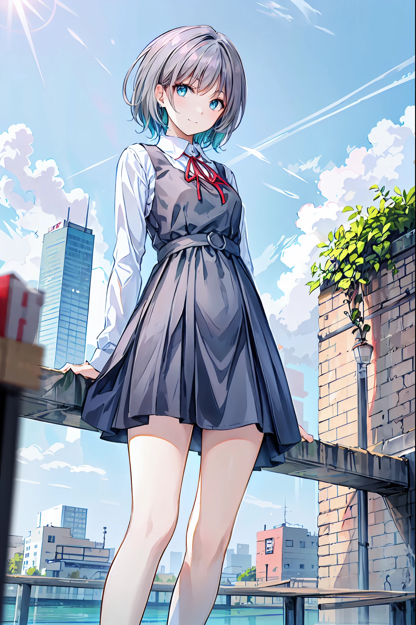 (masterpiece,up to date,Exceptional:1.2), anime,One Girl,茶hair，Shortcuts，ボサボサのhair，short編みhair，Neat，Slender beauty，Hall々A positive attitude，Small breasts，Beautiful legs，Her enchanting grey-blue eyes shine like stars.，Vibrant colors,Beautiful Eyes,A delicate smile,Textured Skin,Best Quality,A kind and beautiful woman,anime風､((From above:1.2)),Beautiful 8K Eyes,green_null,((From below:1.2)),Black camisole【【【bridge,building,city,city,cityscape,cloud,day,dress,Watching_in_Viewers,Outdoor,Eiffel Tower，red_Neckwear,red_ribbon,ribbon,river,short_hair,short_sleeve,null,nullscraper,Alone,standing,town,飛行機cloud，((From above:1.2)),