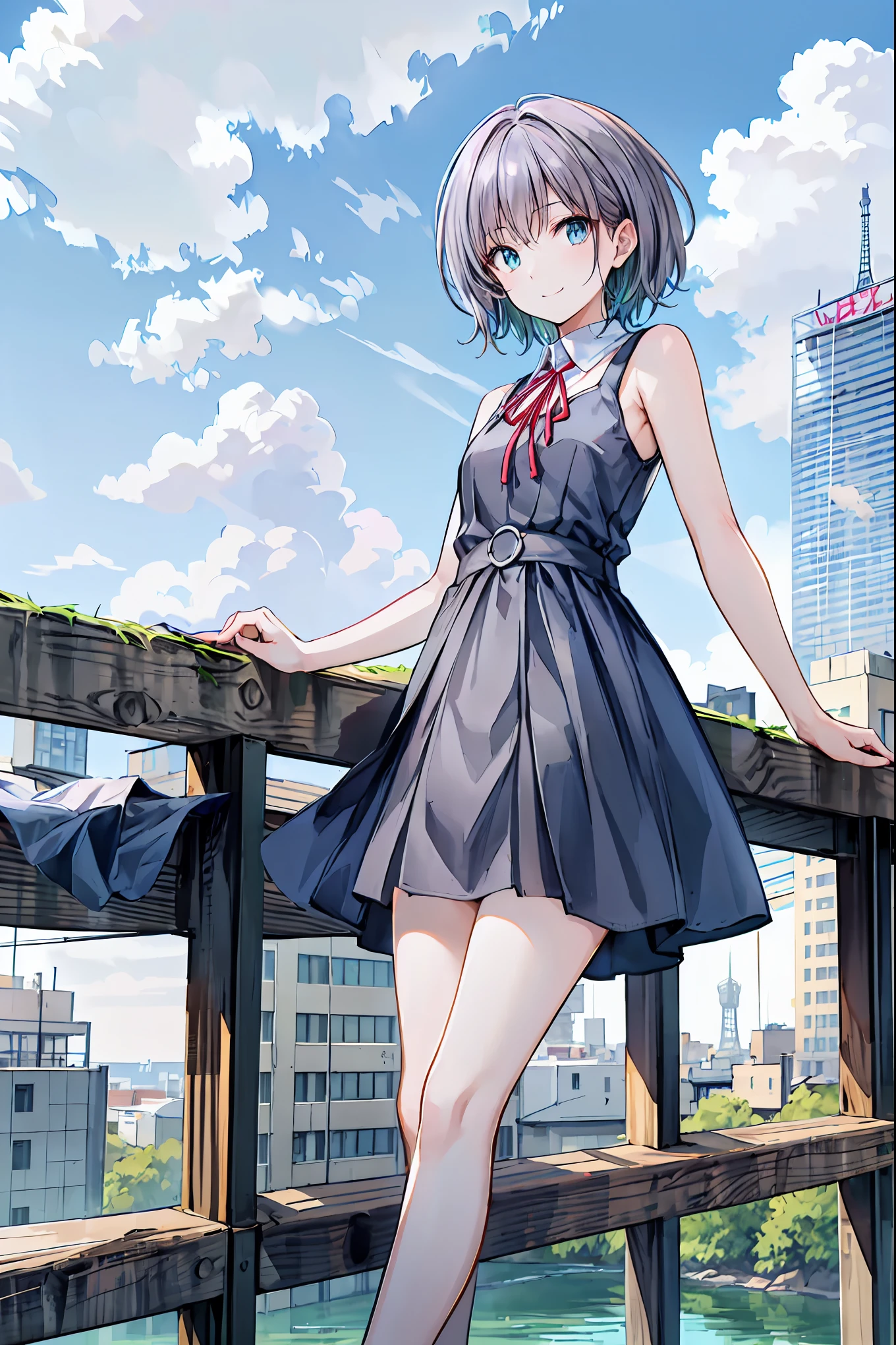 (masterpiece,up to date,Exceptional:1.2), anime,One Girl,茶hair，Shortcuts，ボサボサのhair，short編みhair，Neat，Slender beauty，Hall々A positive attitude，Small breasts，Beautiful legs，Her enchanting grey-blue eyes shine like stars.，Vibrant colors,Beautiful Eyes,A delicate smile,Textured Skin,Best Quality,A kind and beautiful woman,anime風､((From above:1.2)),Beautiful 8K Eyes,green_null,((From below:1.2)),Black camisole【【【bridge,building,city,city,cityscape,cloud,day,dress,Watching_in_Viewers,Outdoor,Eiffel Tower，red_Neckwear,red_ribbon,ribbon,river,short_hair,short_sleeve,null,nullscraper,Alone,standing,town,飛行機cloud，((From above:1.2)),