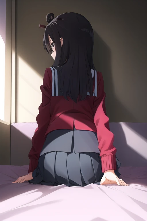 1girl, solo,shirt, black hair,dark brown eyes, hair between eyes, school uniform, white shirt, hair red ribbon, neck ribbon, blazer, red jacket, pleated skirt, black pantyhose,
BREAK (all fours, crawling:1.1), head-down, butt-up,
BREAK disgust, angry,
BREAK looking down,
BREAK (from behind:1.1), (butt focus),
BREAK (bed room, bed:1.1),
BREAK (illustration:1.2),
BREAK (masterpiece, best quality, ultra detailed, professional quality:1.3), (high resolution, textile shading:1.3), (caustics, ambient light, sunlight, hard shadows:1.1), (HD), rich contrast,