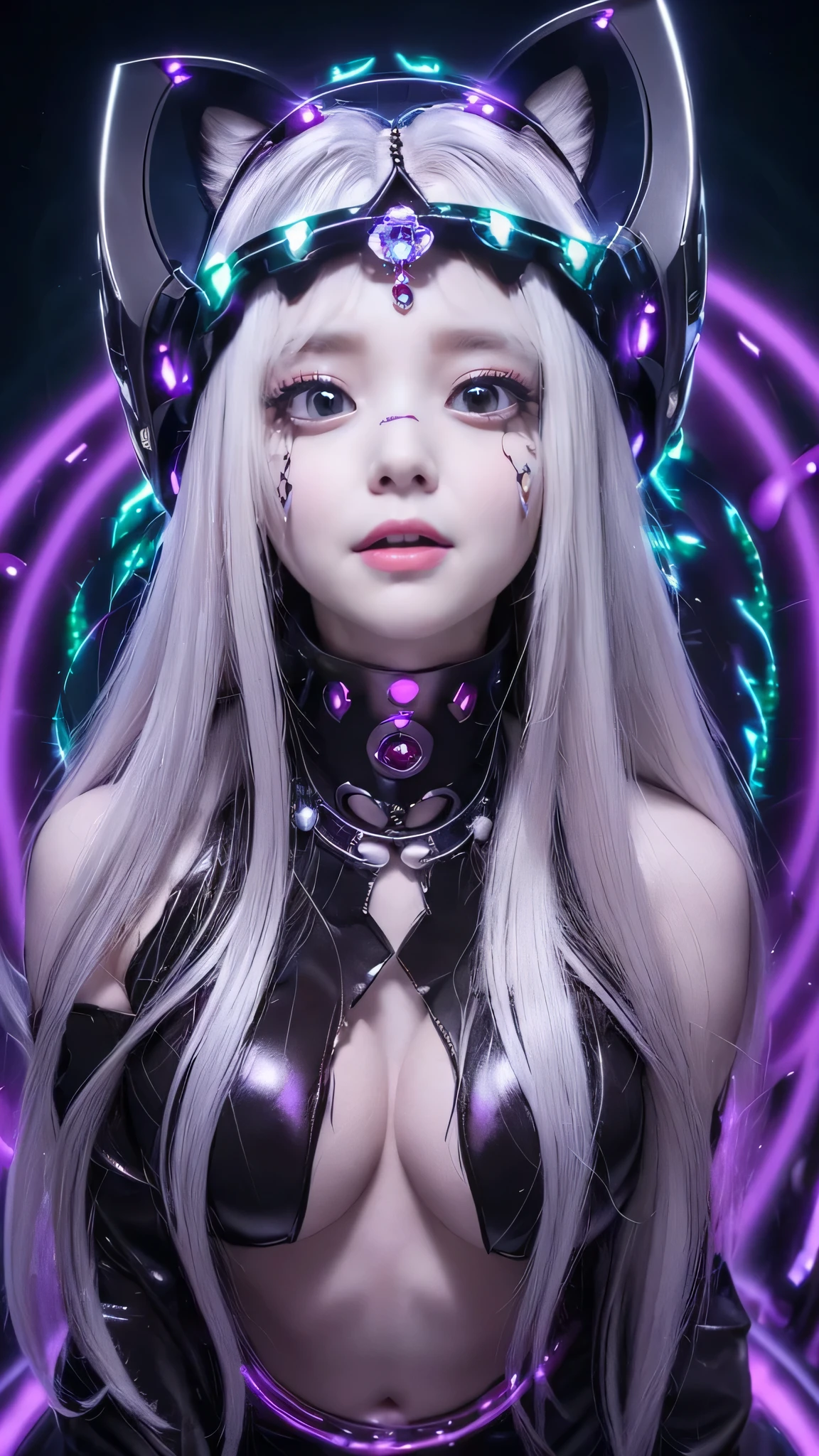 white hair、long fluttering hair、strong breeze、a purple eye、Luminous Eyes、Mollusk girl、Colossal tits、The face and chest are alive、Cleavage is visible。photoRealstic、portfolio、Biotech Cyborg、Gothloli details、Tentacles clinging to the body、tentaculata、Detailed biocomponents、Bundle of thin tubes、sea anemones、Nudibranch、Luminous tube、Detailed neon、Fine LED、Fine parts