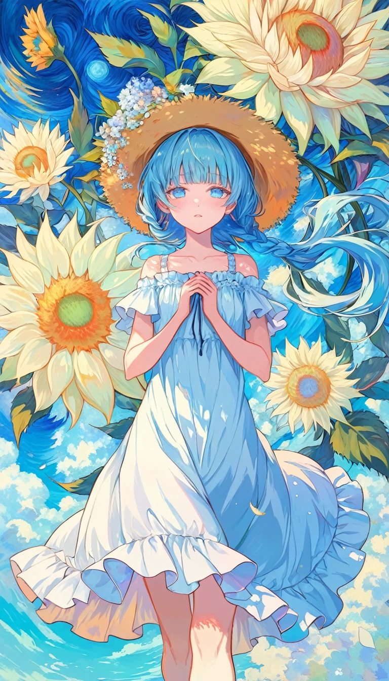 Absurd, high resolution, ultra detailed, break, flat chest, long hair, (((( light blue long hair)))), ((blushing)), clear blue eyes, french braids, break, blunt bangs, walking, break, sundress, Sun hat, mary jane, break, rich gradation, extreme colors, extreme details, clear light perception, break, (Monet, Impressionism, oil painting), anime characters, break,Van Gogh style/Van Gogh スタイル/Van Gogh, (Official Art, beauty and aesthetics: 1.2), (Fractal Art: 1.3), Pastel color scheme, Most detailed,Spread your hands