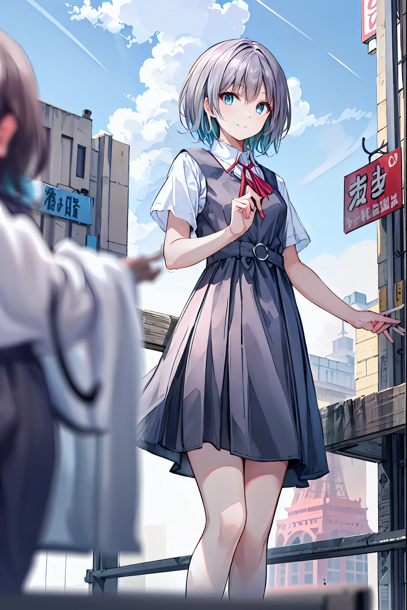 (masterpiece,up to date,Exceptional:1.2), anime,One Girl,茶hair，Shortcuts，ボサボサのhair，short編みhair，Neat，Slender beauty，Hall々A positive attitude，Small breasts，Beautiful legs，Her enchanting grey-blue eyes shine like stars.，Vibrant colors,Beautiful Eyes,A delicate smile,Textured Skin,Best Quality,A kind and beautiful woman,anime風､((from the front:1.2)),Beautiful 8K Eyes,green_null,((From below:1.2)),【【【bridge,building,city,city,cityscape,cloud,day,dress,Watching_in_Viewers,Outdoor,Eiffel Tower，red_Neckwear,red_ribbon,ribbon,river,short_hair,short_sleeve,null,nullscraper,Alone,standing,town,飛行機cloud，((from the front:1.2)),