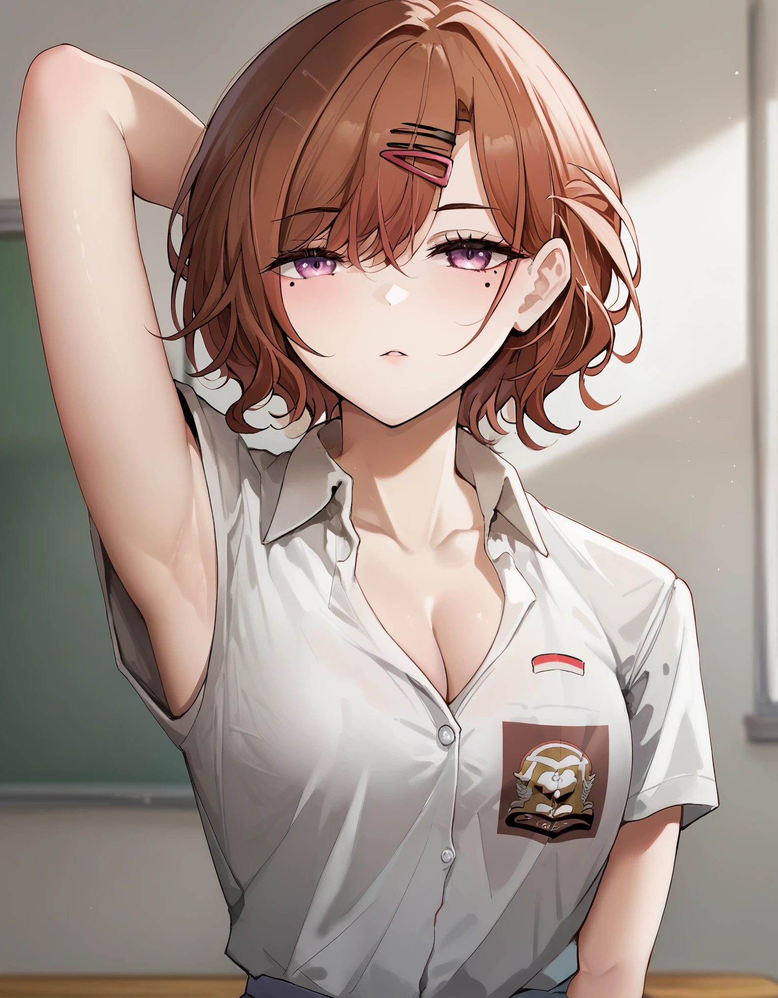 score_9, score_8_up, score_7_up, solo,1girl,madoka higuchi, brown hair, eyebrows hidden by hair, grey background, hair ornament, hairclip, mole, mole under eye, purple eyes, medium breasts, indonesian school uniform, classroom, armpit spread, cleavage