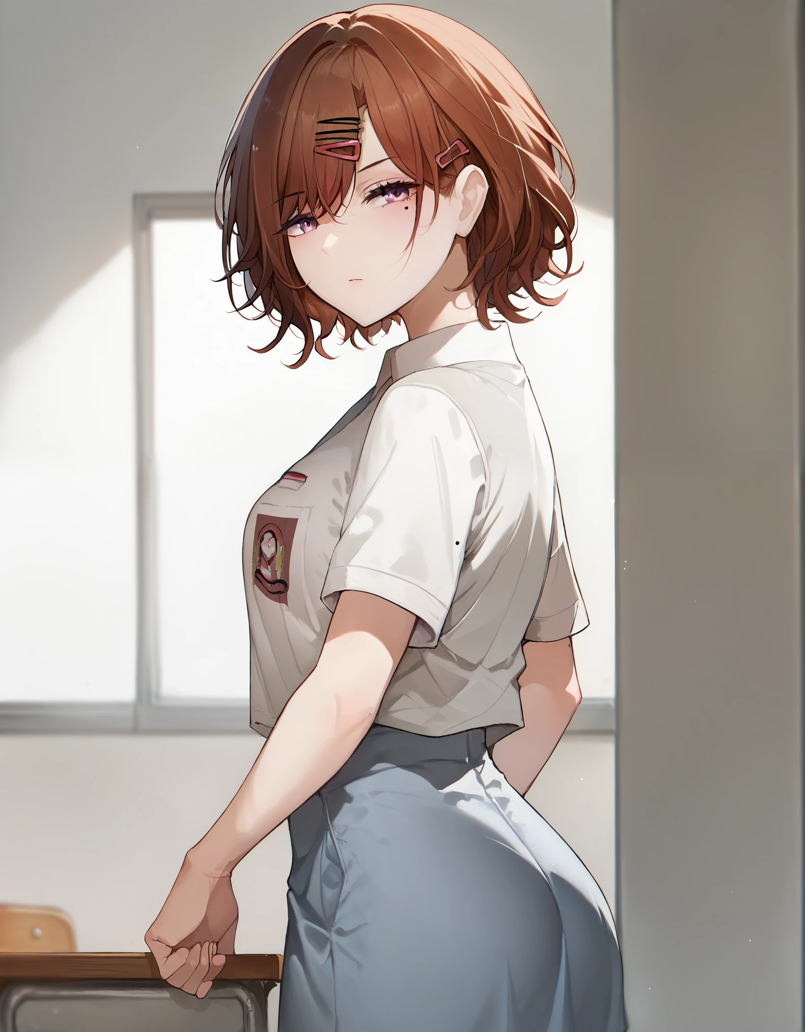 score_9, score_8_up, score_7_up, solo,1girl,madoka higuchi, brown hair, eyebrows hidden by hair, grey background, hair ornament, hairclip, mole, mole under eye, purple eyes, medium breasts, indonesian school uniform, ass, standing, indoors, classroom