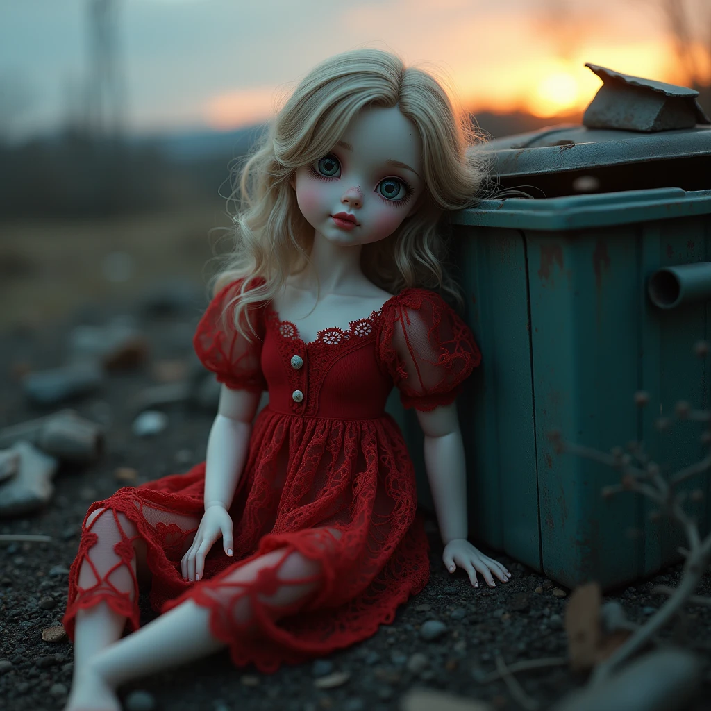 9 year old girl, wearing a floral dress, standing on the side of a highway, macabre look, horror film photography, afternoon scene, perfect eyes