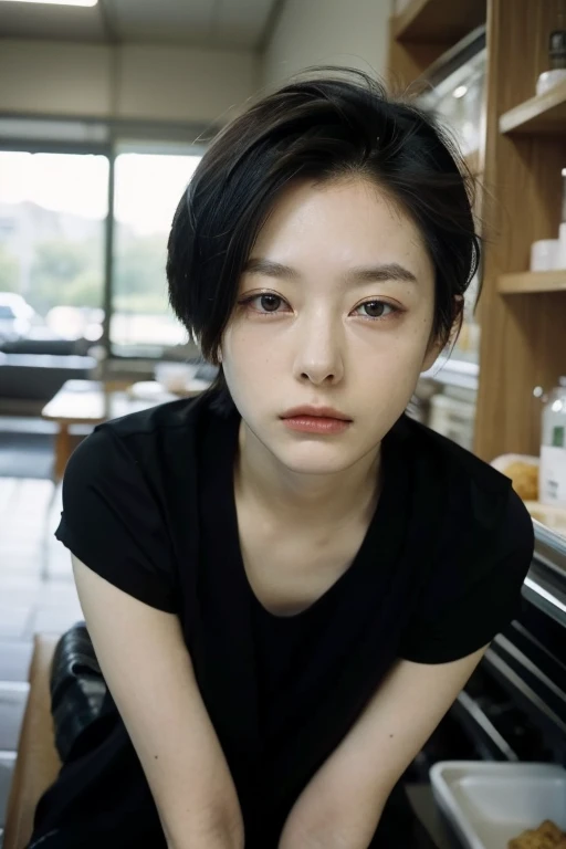 One Girl, Alone, Androgynous, boyish、Droopy eyes、Fatigue、Sleepy face、Beauty、Japanese women, Short Hair, food, Accurate, Anatomically correct, Big Breasts, 